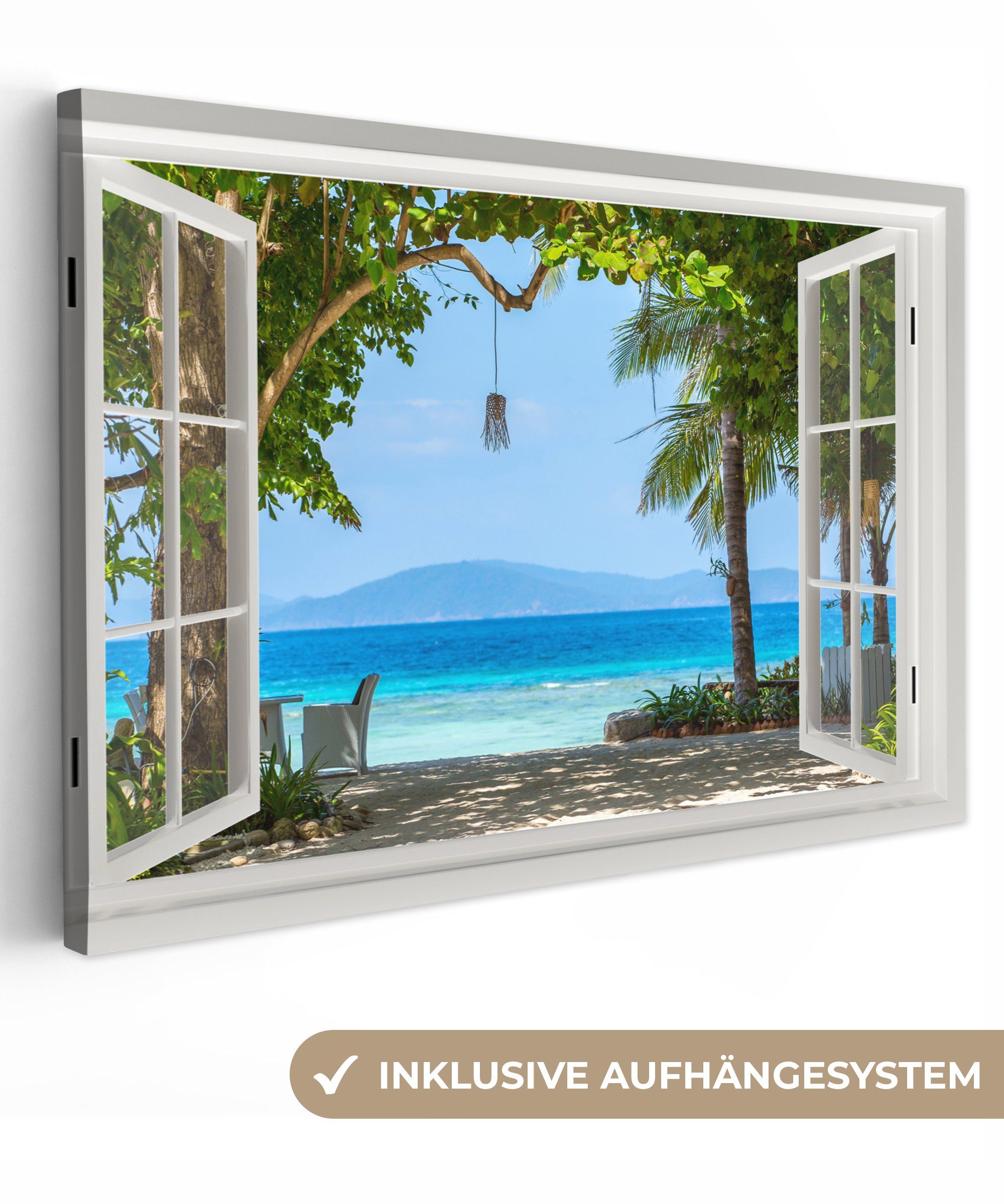 OneMillionCanvasses® Leinwandbild Aussicht - Baum - Meer - Palme - Hügel - Strand - Blau, (1 St), Wandbild für alle Wohnbereiche, Gemälde, XXL, großes, 120x80 cm