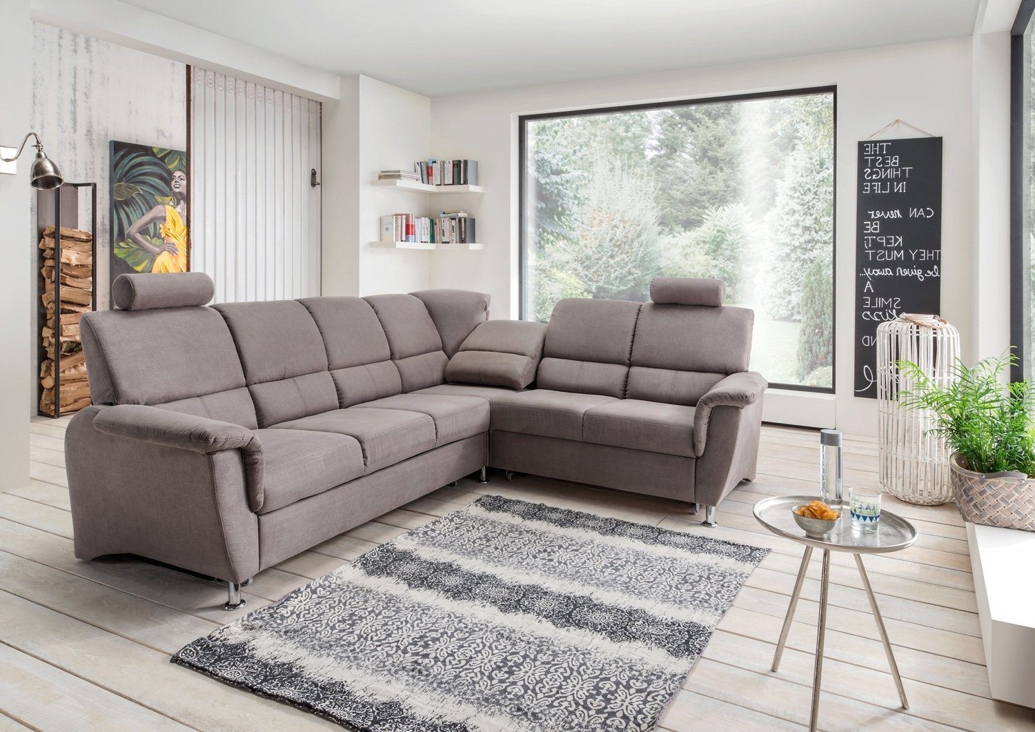 Sofa PISA, B 268 cm, grau, mit Schlaffunktion, Bettkasten und 2 Kopfstützen