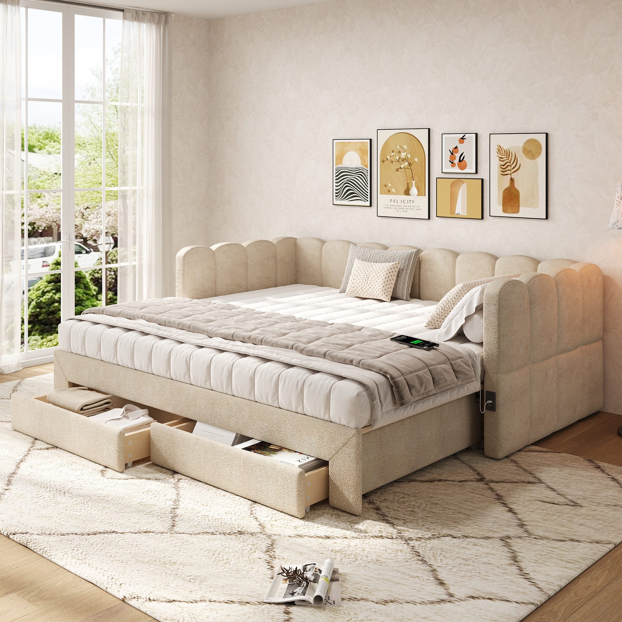 Flieks Daybett, Polsterbett Tagesbett 90/180x190cm mit Ausziehbett, 2 Schubladen, USB