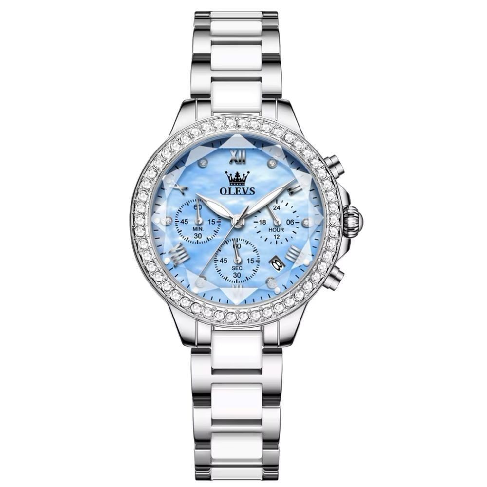 OLEVS Quarzuhr Damen Olevs Chrono Uhr Keramik Steinbesatz Blaues Zifferblatt