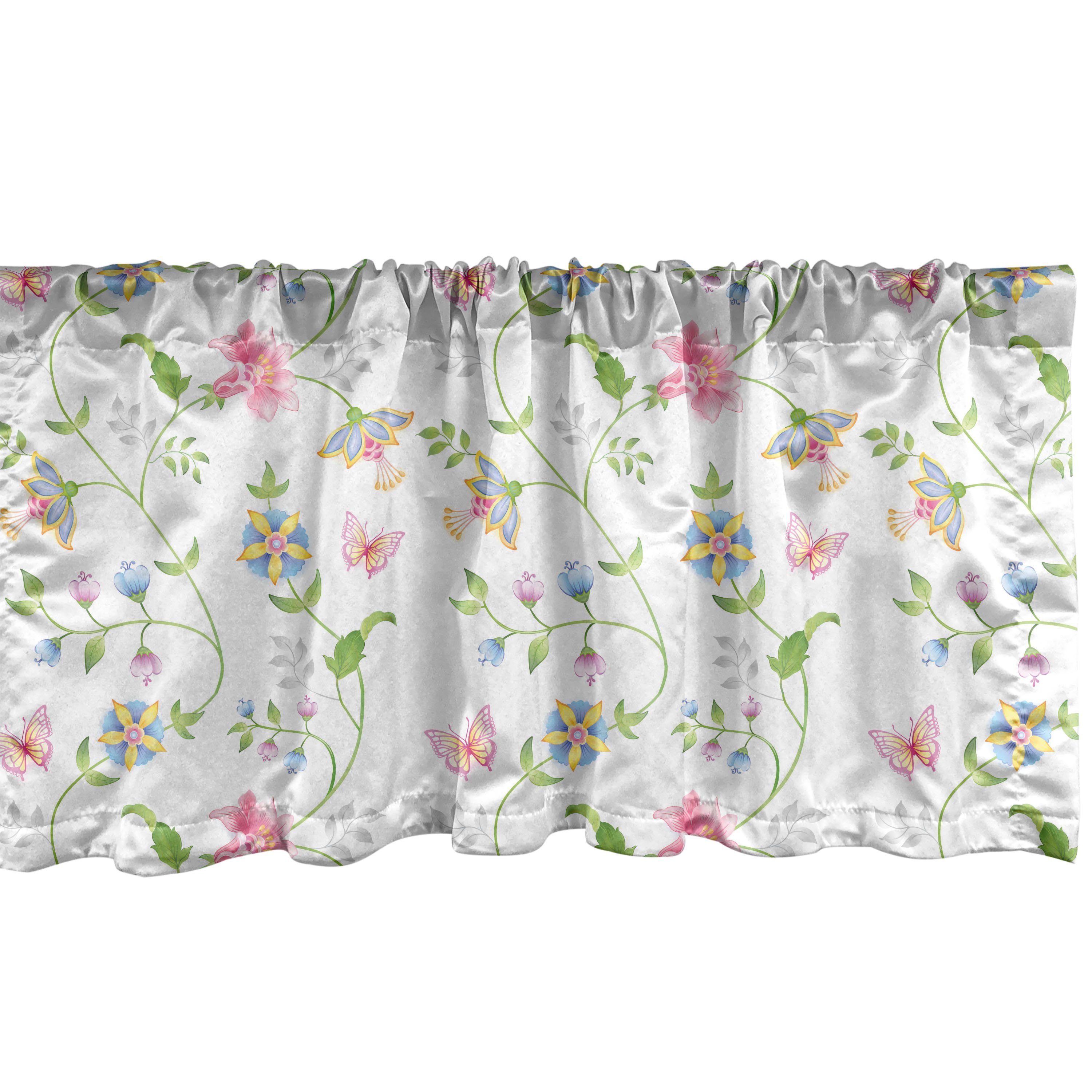 Scheibengardine Vorhang Volant für Küche Schlafzimmer Dekor mit Stangentasche, Abakuhaus, Microfaser, Blume Blüten und Schmetterlinge
