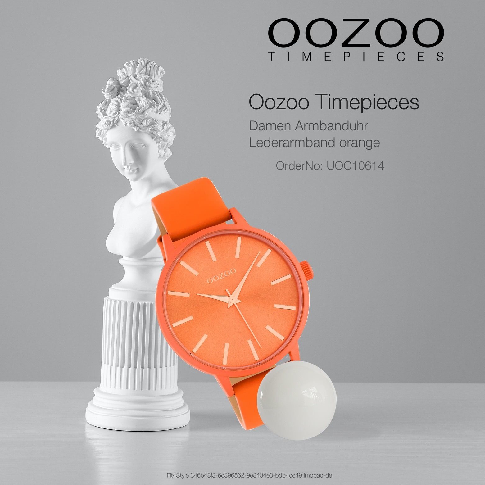 Damen Damenuhr Fashion-Style groß Lederarmband, Quarzuhr orange, Armbanduhr OOZOO (ca. 42mm) Oozoo rund,