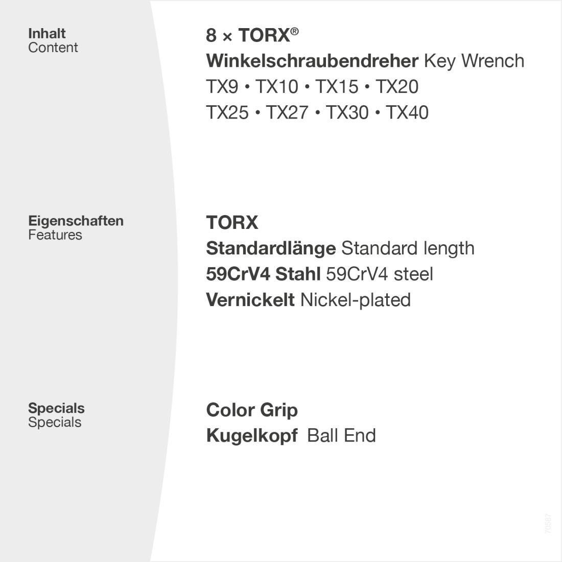 Set Grip Torxschlüssel Kugelkopf & TX9-TX40 mit Winkelschraubendreher 8teilig, TORX Color