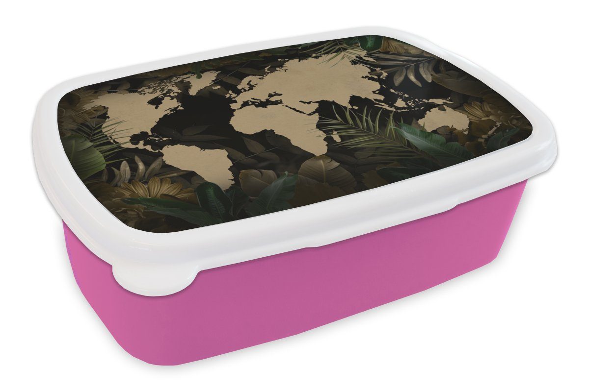 MuchoWow Lunchbox Weltkarte Brotdose (2-tlg), Kunststoff, Mädchen, rosa Kunststoff Kinder, Erwachsene, Snackbox, Tropische - - Blumen, Brotbox für Pflanzen