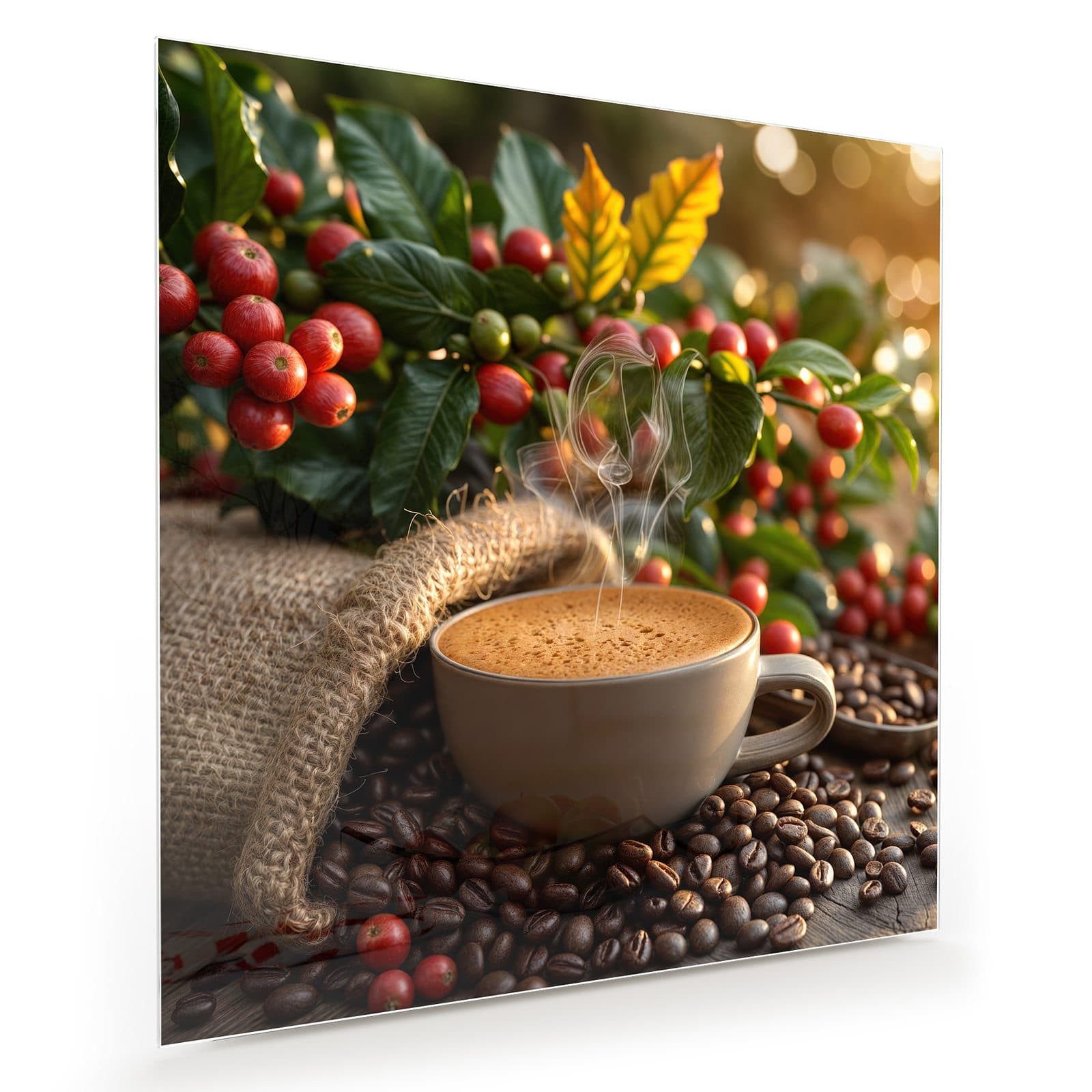 Glasbild Wandbild Quadratisch Kaffeeerntemorgen mit Aufhängung