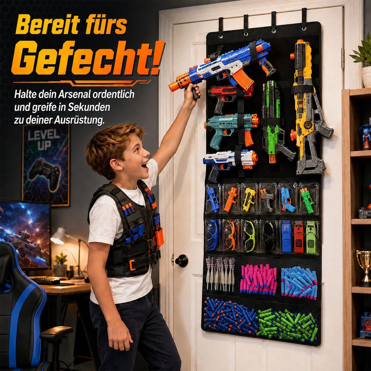 BlingBin Hängeaufbewahrung Über der Tür Organizer für Spielzeugpistolen mit Fächern&Klettbändern (1 Stück, 1 St., 170 x 60cm), Platzsparender Türorganizer für Kinder, Spielzimmer & Schlafzimmer