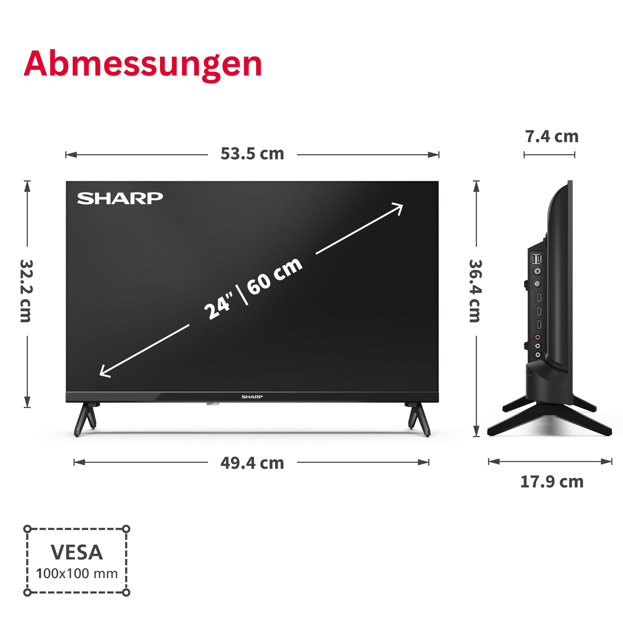 Sharp 24HA1705E LCD-LED Fernseher (60 cm/24 Zoll, HD-ready, HD-ready TV, Triple-Tuner, 3x HDMI / 2x USB)