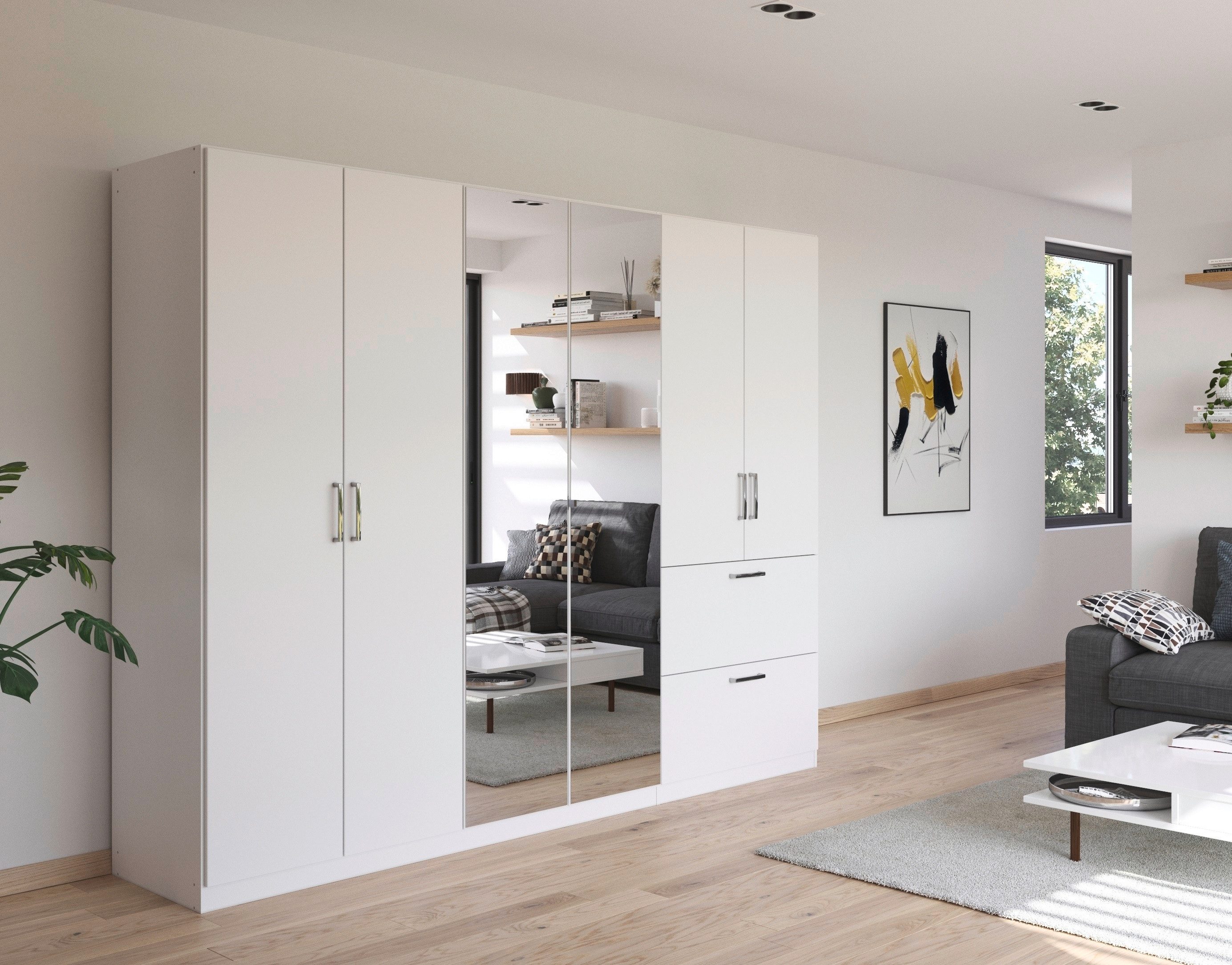 rauch Drehtürenschrank Kleiderschrank Schrank Garderobe Schlafzimmerschrank PADUA voll aufgelegte Spiegeltüren, zwei große Schubladen MADE IN GERMANY