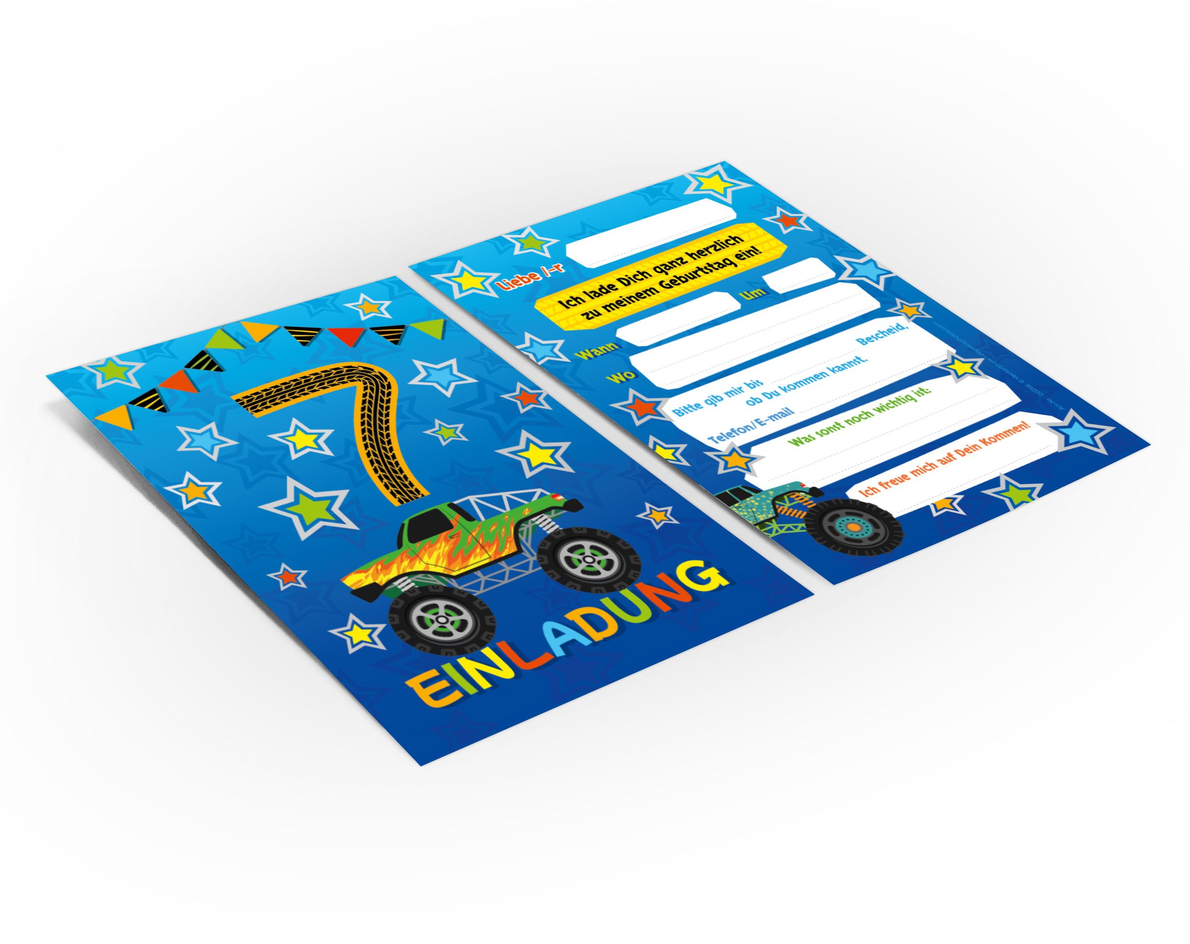 JUNAPACK Einladungskarten Auto zum 7. Kindergeburtstag Jungen Einladungen Karten Monster Truck, Einladungskarten mit einem Monster Truck Motiv zum siebten Geburtstag