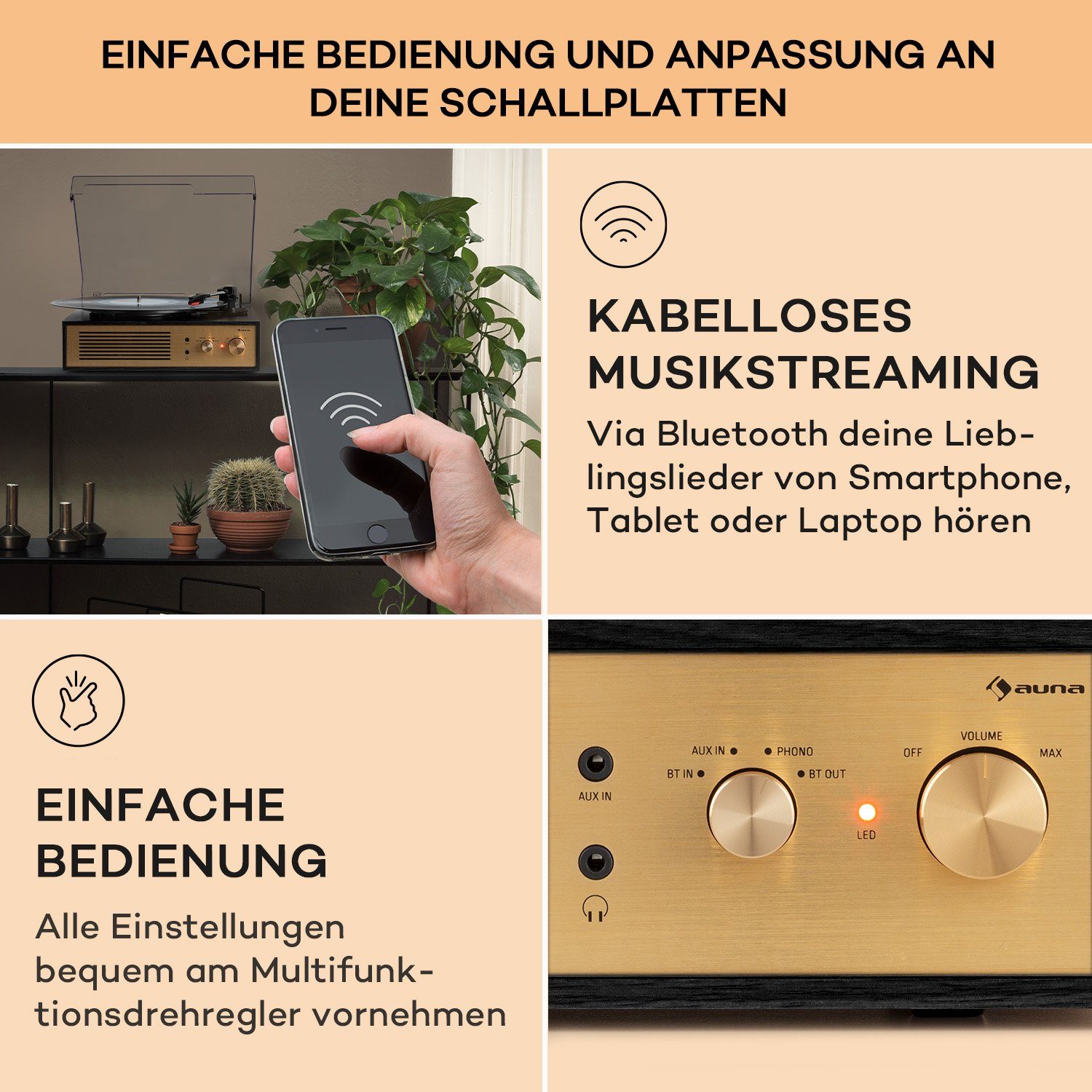 Plattenspieler Bluetooth) (Riemenantrieb, Auna Classic Schwarz Berklee TT