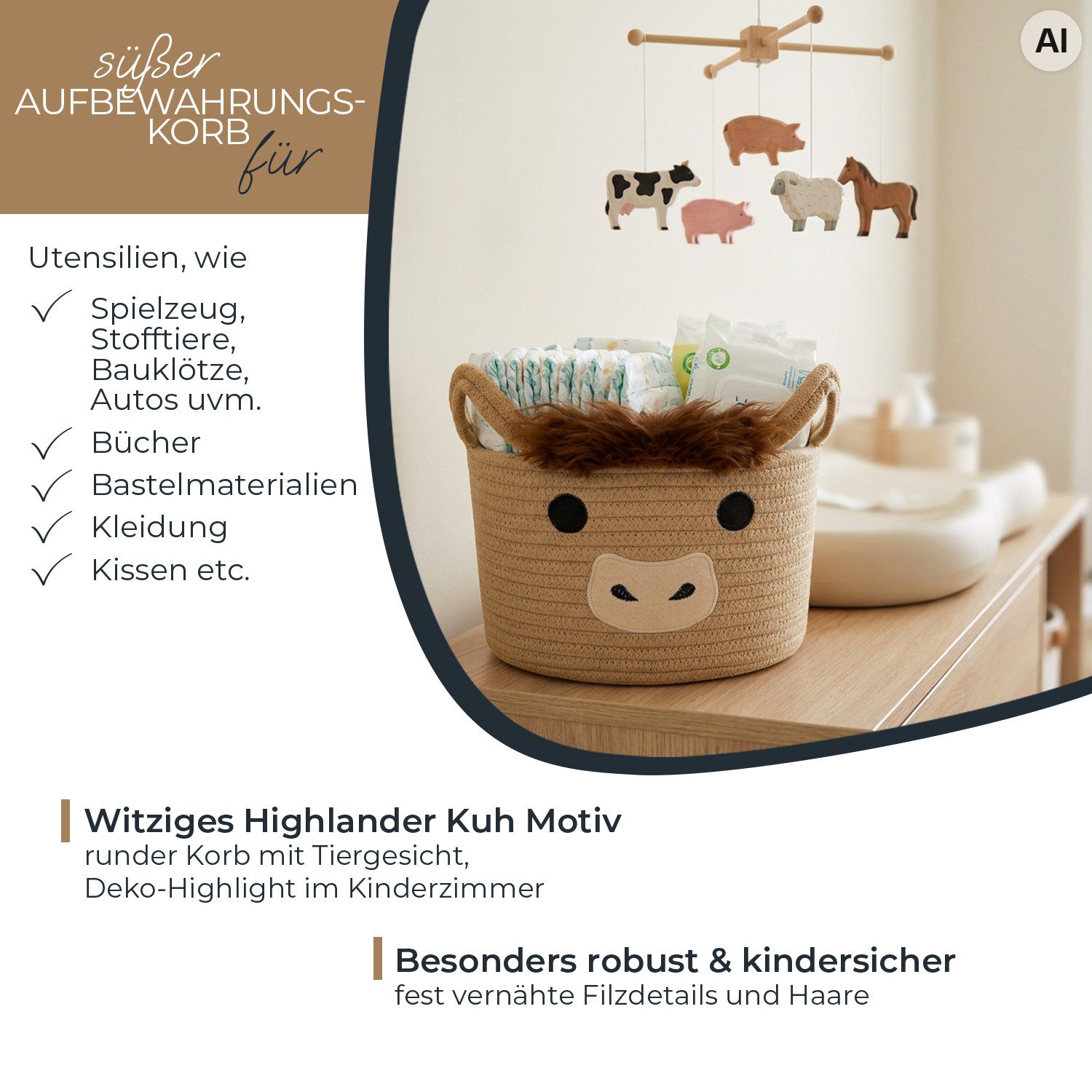 HMF Aufbewahrungskorb Aufbewahrungskorb mit verlängerten Griffen, runder Korb, für Kinderzimmer oder Babyzimmer, Highlander Kuh, 30 x 24 cm, Braun – Bild 3 von 5