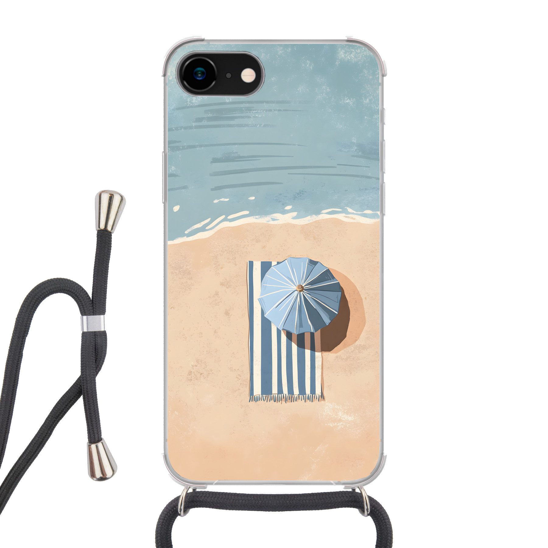 MuchoWow Handyhülle für Apple iPhone 7 Strandtuch - Streifen - Sonnenschirm - Strand, Tragbare Handyhüllen mit Kette zum umhängen, Handykette Handyband