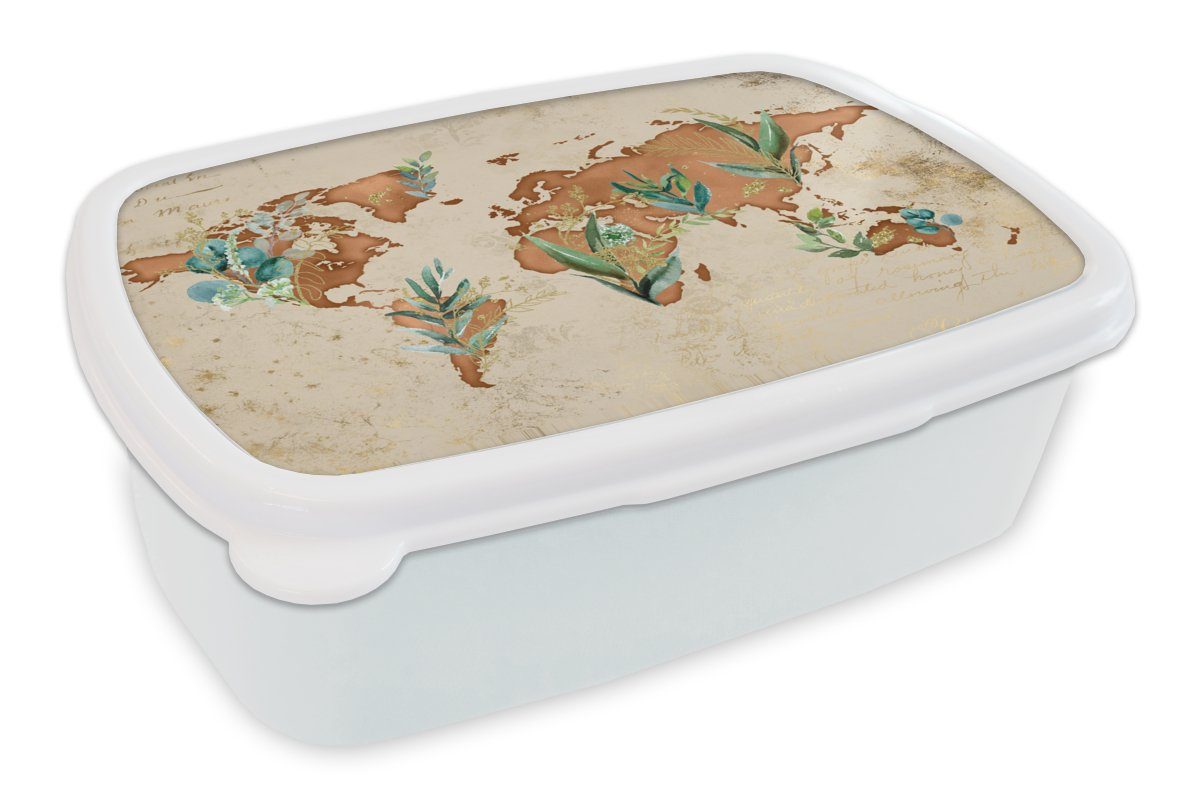 MuchoWow Lunchbox Weltkarte - Papyrus - Pflanzen, Kunststoff, (2-tlg), Brotbox für Kinder und Erwachsene, Brotdose, für Jungs und Mädchen weiß