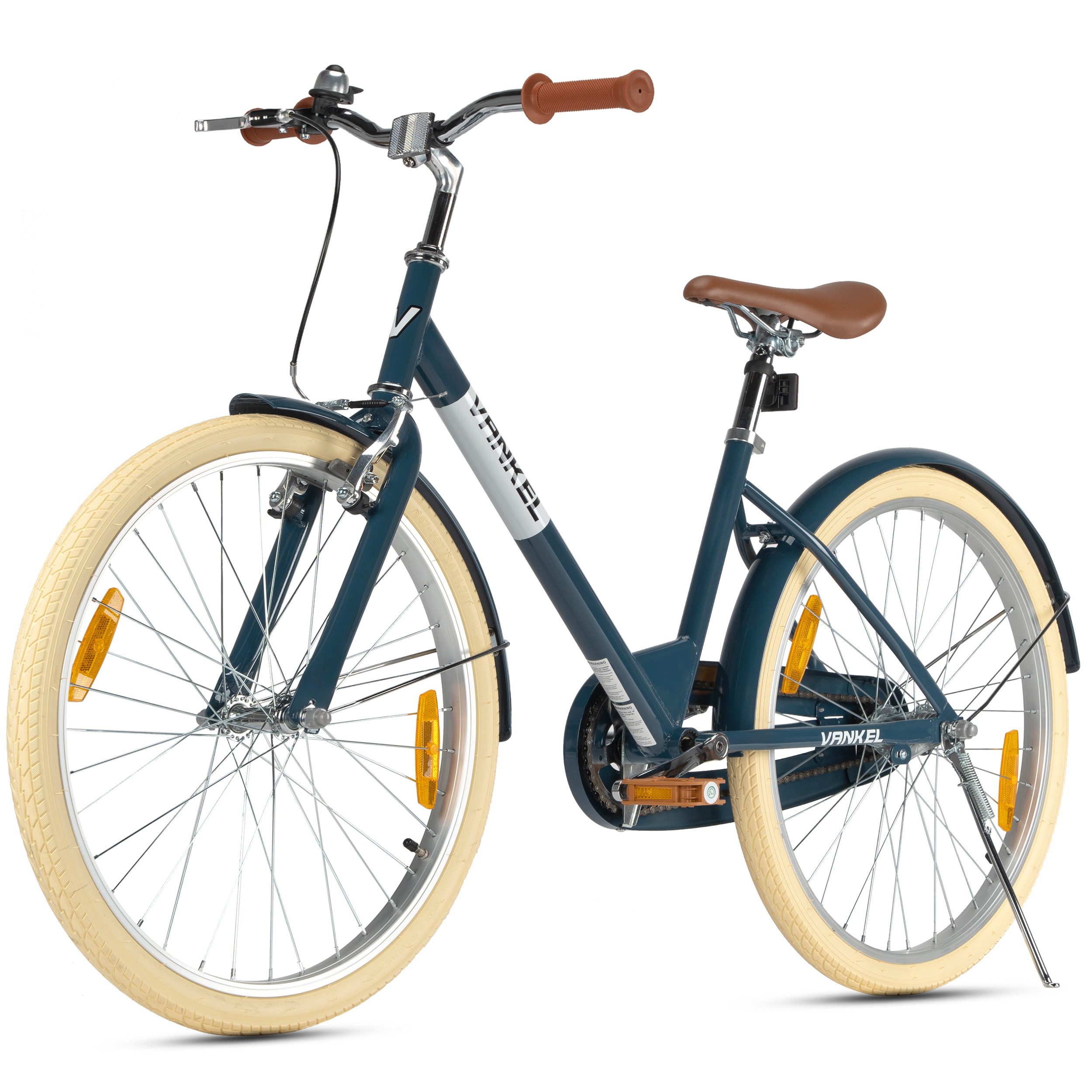 Vankel Kinderfahrrad 24 Zoll, Tiefer Einstieg, Rücktrittbremse, Schutzbleche, Klingel, 1 Gang, Vintage-Look, Creme-Reifen, Komfortsattel