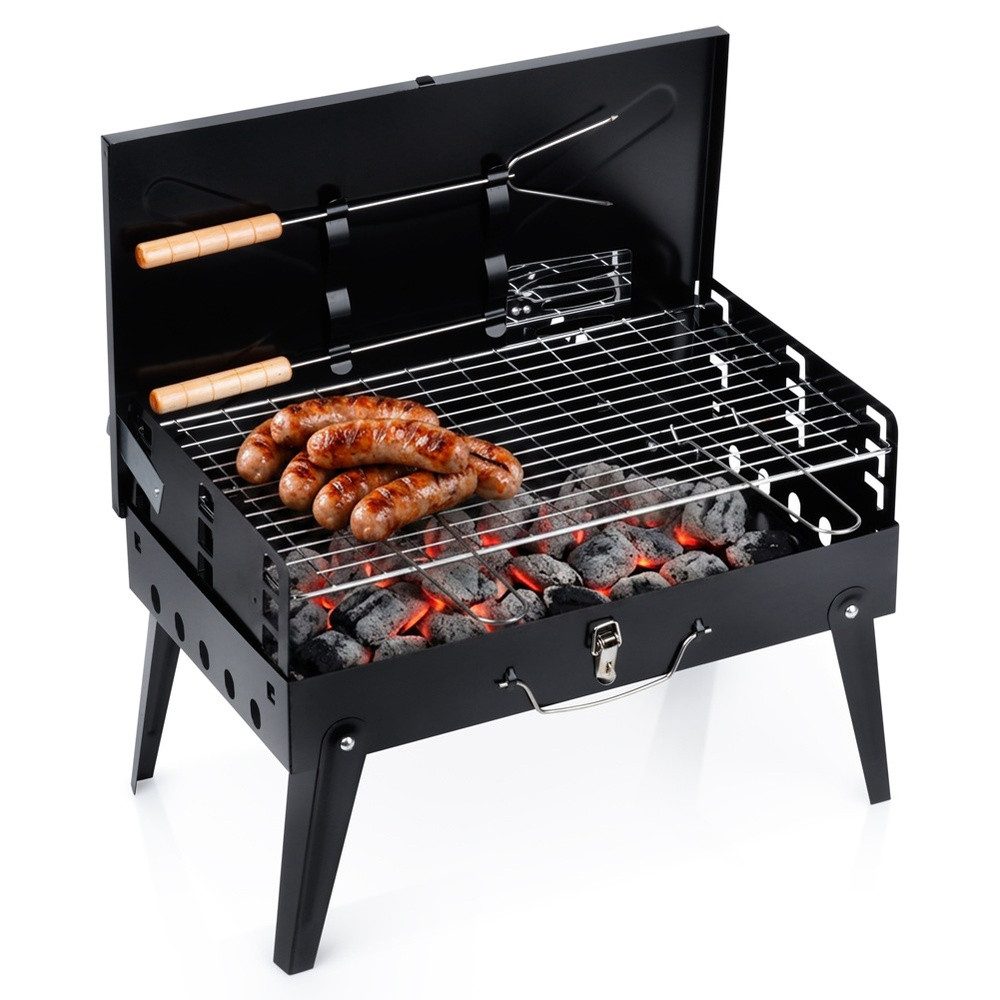 Vilde Holzkohlegrill Klappbar in Schwarz für unterwegs 43x26x29cm, mit Grillgabel und Wender Grillrost in drei Höhen einstellbar