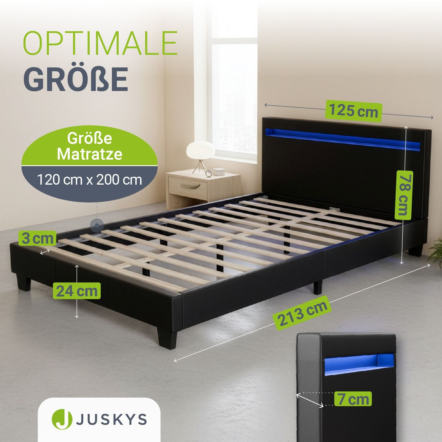 Juskys Polsterbett Paris, 120x200 cm, LED-Licht, weiches Kopfteil, inkl. Kaltschaummatratze