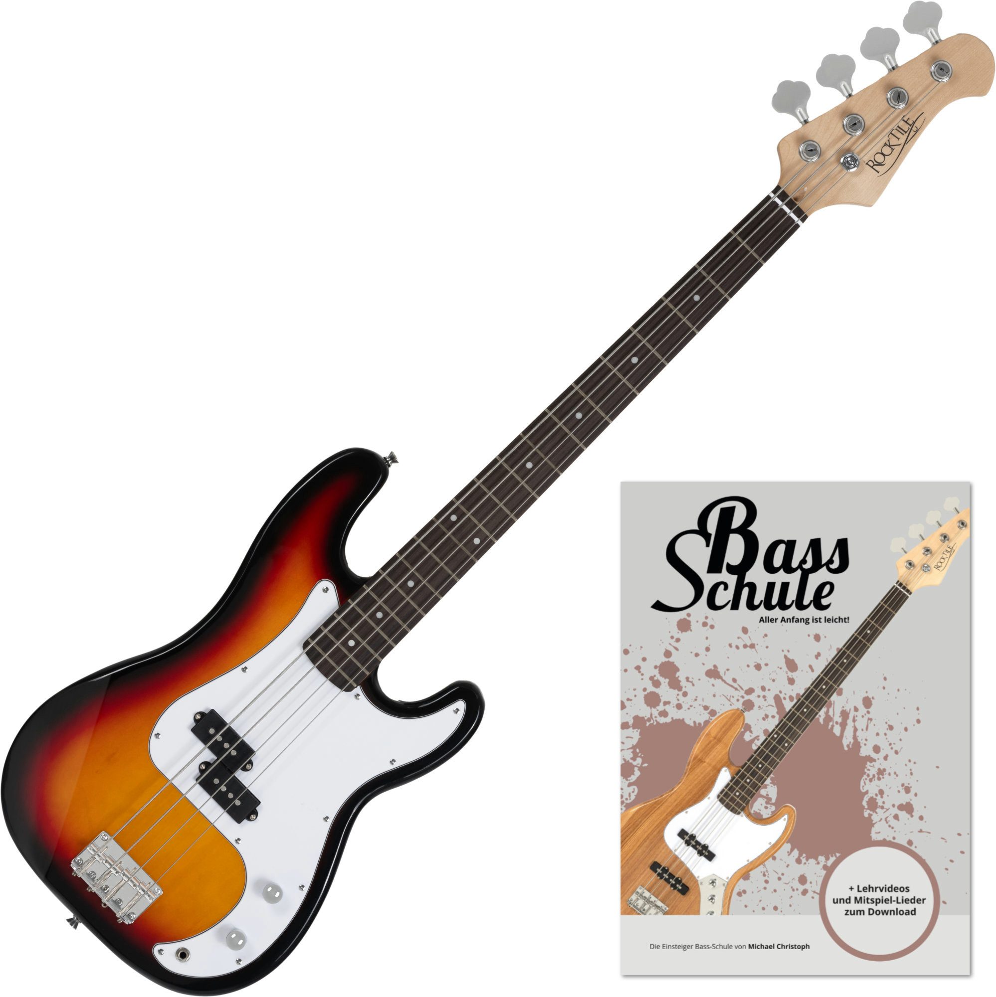 Rocktile E-Bass Puncher Preci Style Elektrobass (Bassgitarre inkl. Bass-Schule), Schule-Set, inkl. Bass-Schule mit CD & Kabel, Mensur: Longscale