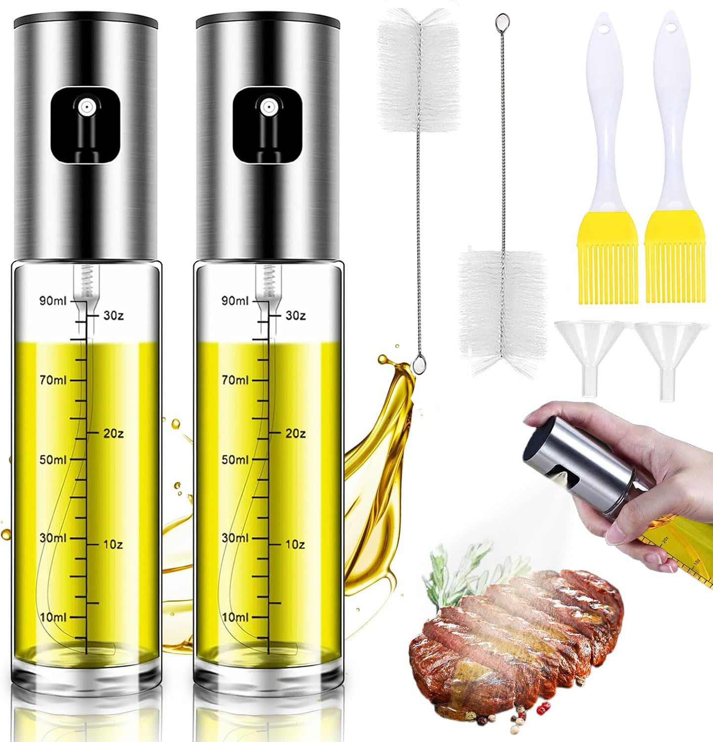 Refined Living Ölspender 2xÖlspender,Öl Sprühflasche,Ölpumpe,Essig Sprüher,Öl Flasche für Küche, (Sprühgerät für Öl aus Edelstahl und Glas, gesundes Kochen, 100ML Öl Sprühflasche, mit Rutschfeste Basis, Sprühflasche Öl, Olivenöl Sprühgerät, Öl Zerstäuber,