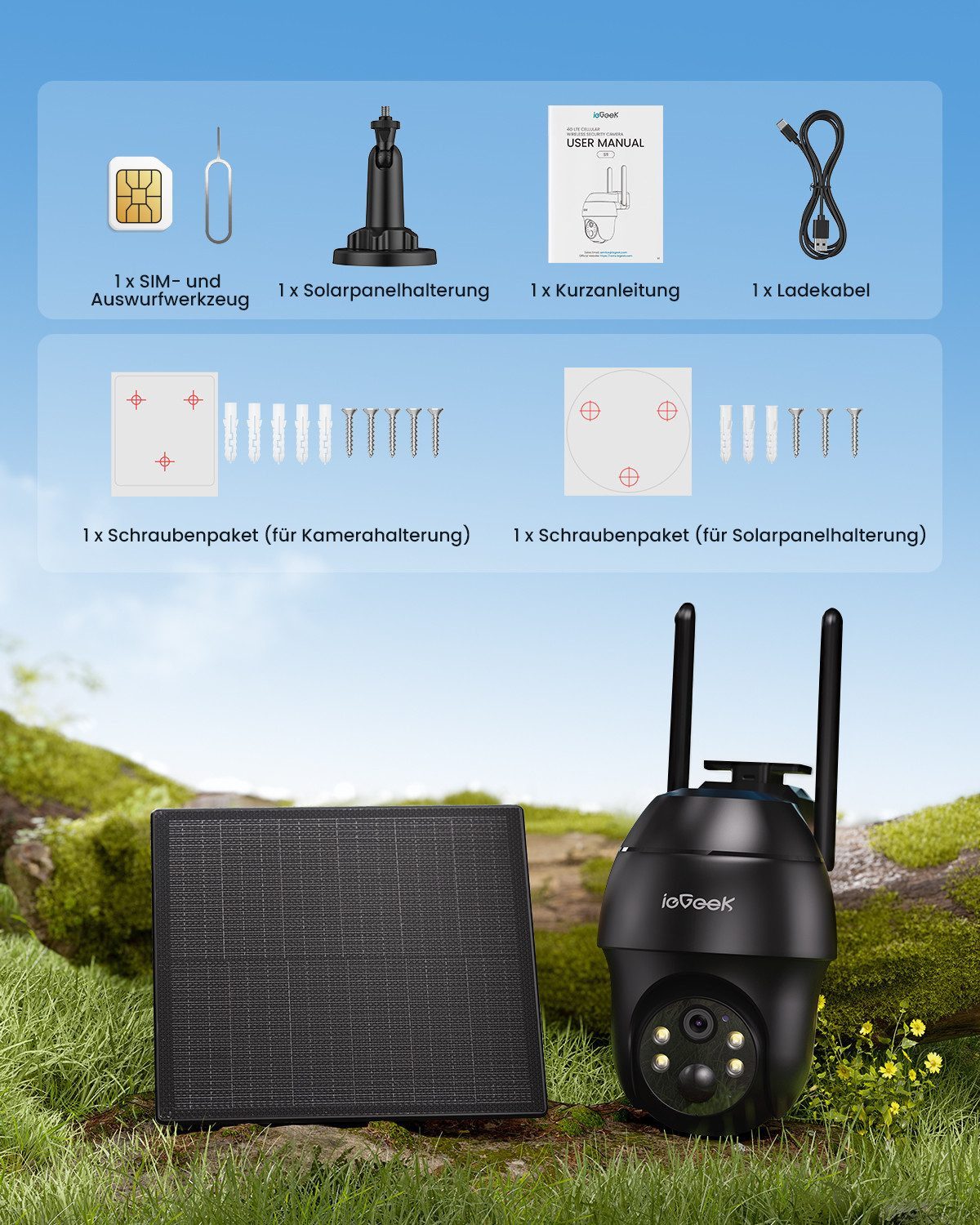 TWUFY Überwachungskamera 4G LTE überwachungskamera mit sim karte outdoor Solar Akku kamera (outdoor, Außenkamera, Außenbereich, Home,Schule,Geschäft,Wald,Farm,Campingbus,Straße, 2K 360° Kabellose Überwachung Farb/IR Nachtsicht IP66 Wasserdichte, 1-tlg., Außenkamera ohne WLAN PIR Erkennung App-Steuerung, Zwei-Wege-Audio PTZ Kabellos Kamera TF/Cloud-Speicher)