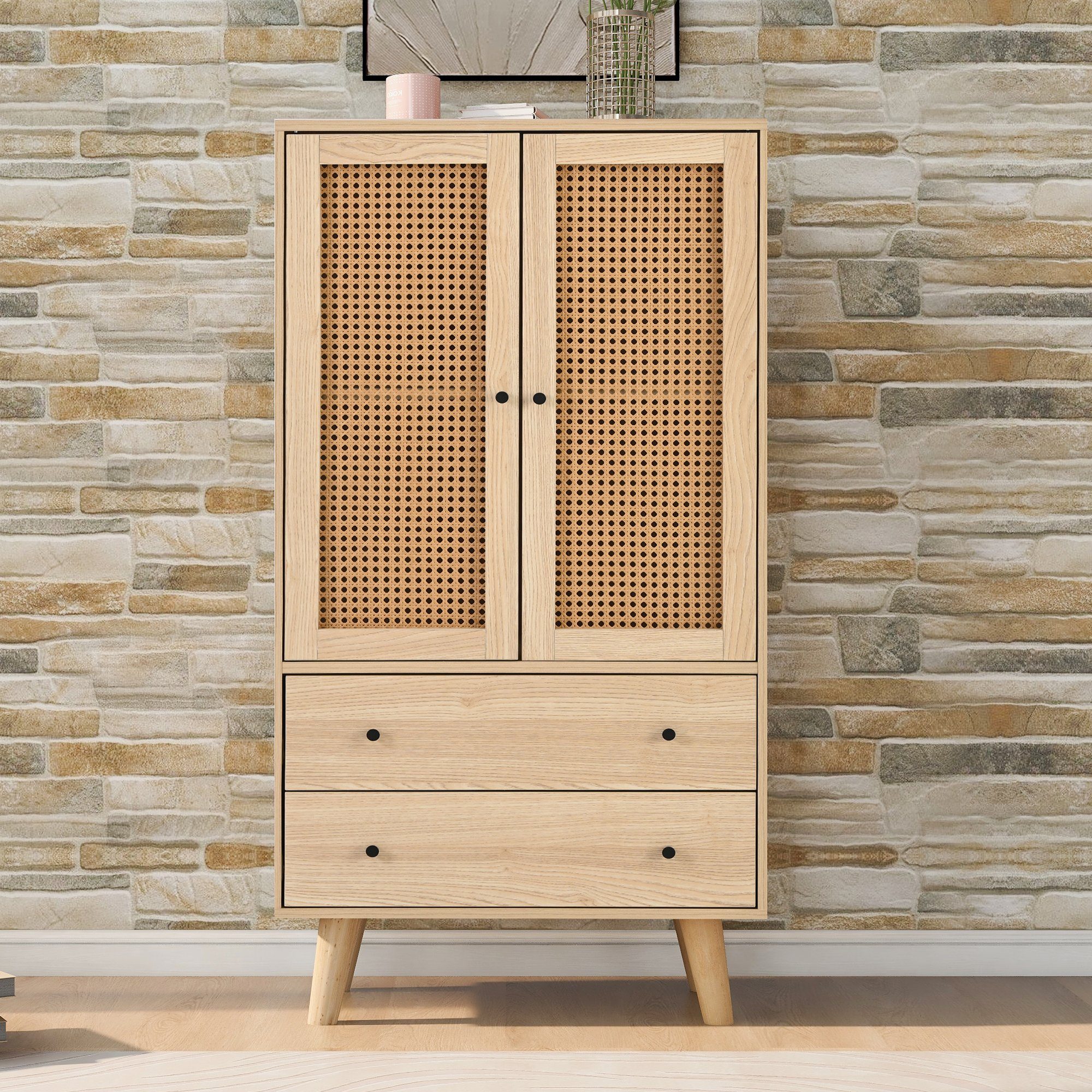 Sweiko Highboard, Sideboard mit Rattantüren und 2 Schubladen,Holzbeine,60*40*120cm