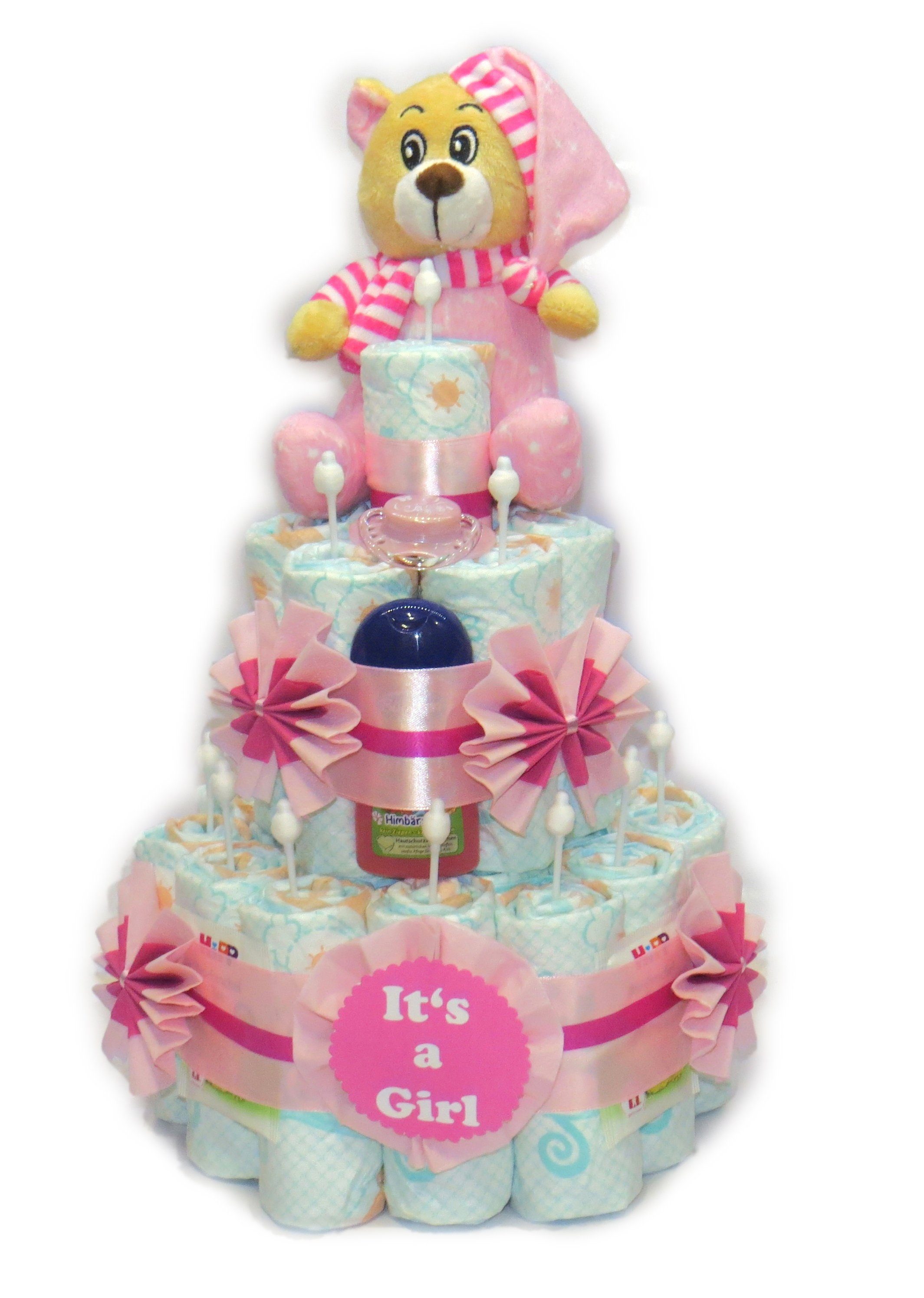 Geschenketorten-Gebhardt Windeln Windeltorte It's a Girl mit Schlafbär rosa, Windelgeschenk für Mädchen