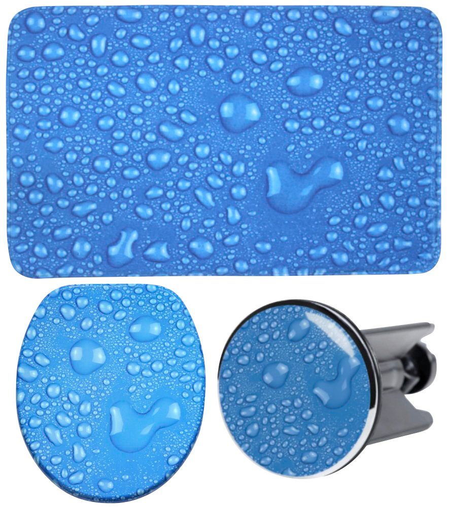 Sanilo Badaccessoire-Set Tautropfen Blau, Komplett-Set, 3 tlg., bestehend aus WC-Sitz, Badteppich und Waschbeckenstöpsel | Bad-Accessoires Sets