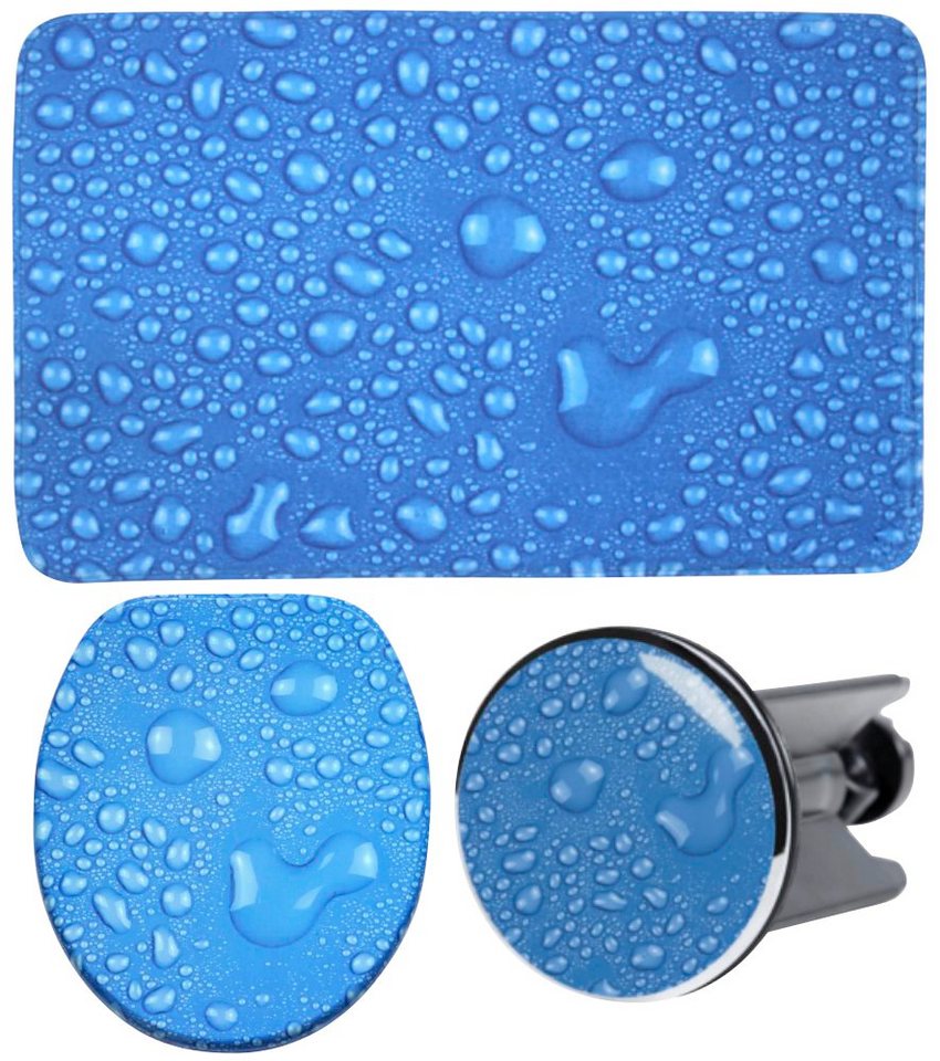 Sanilo Badaccessoire-Set Tautropfen Blau, Komplett-Set, 3 tlg., bestehend  aus WC-Sitz, Badteppich und Waschbeckenstöpsel