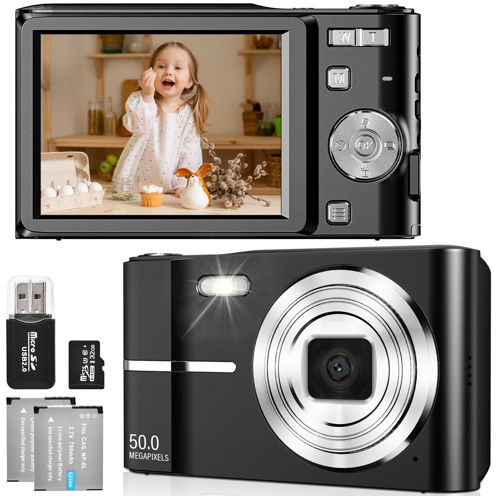 Kityhome Kompaktkamera Digital – Digitalkamera mit Digitalzoom, Fotokamera Kompaktkamera (50 MP, 1080P, 16x optischer Zoom, 2,4 Zoll Bildschirm, Webcam-Funktion)