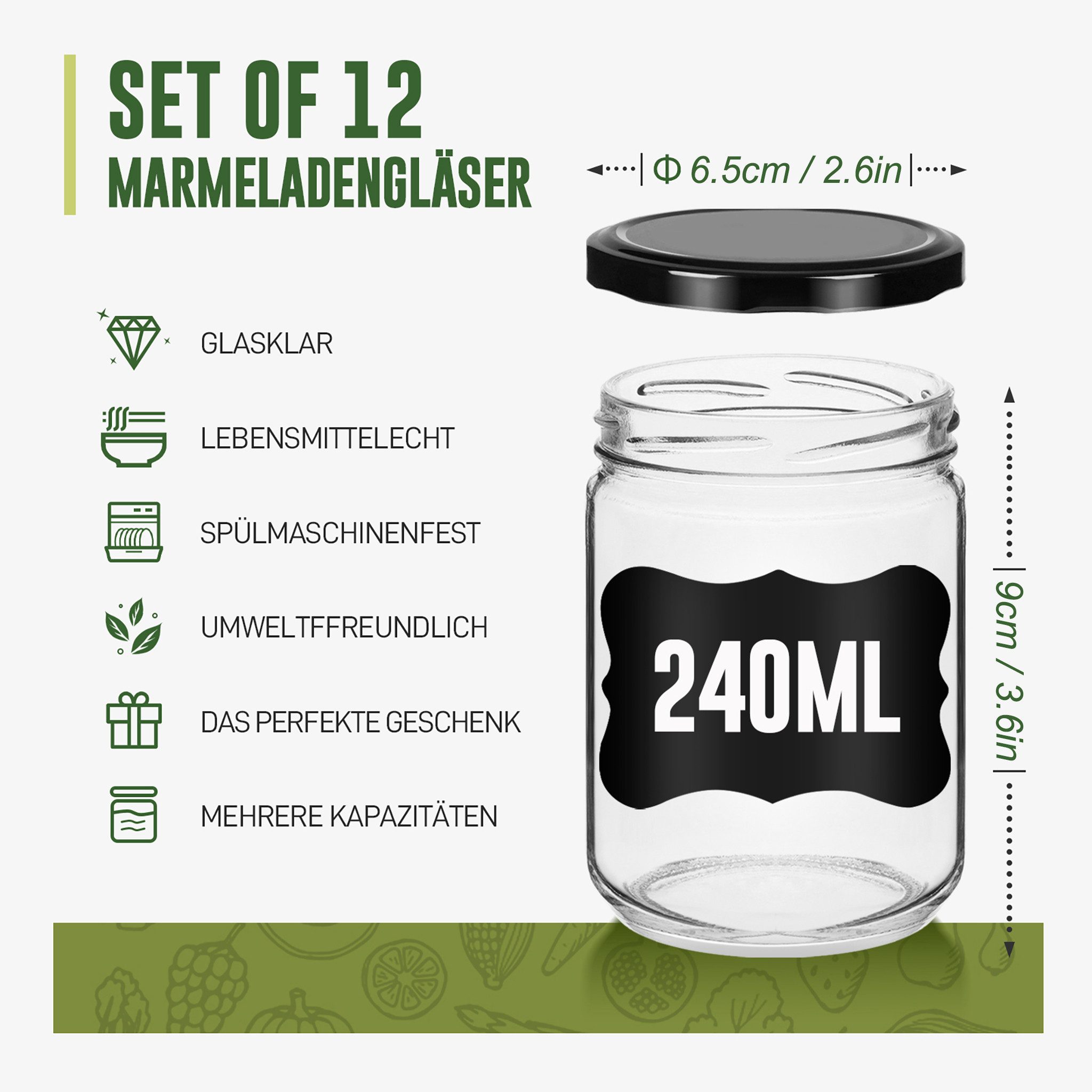 FIVMEN Einmachglas Marmeladengläser mit Deckel Einmachgläser Marmelade Marmeladenglas, (12/24er Set), für selbstgemachte Marmelade, Konfitüre und Bastelarbeiten 240/350 ml
