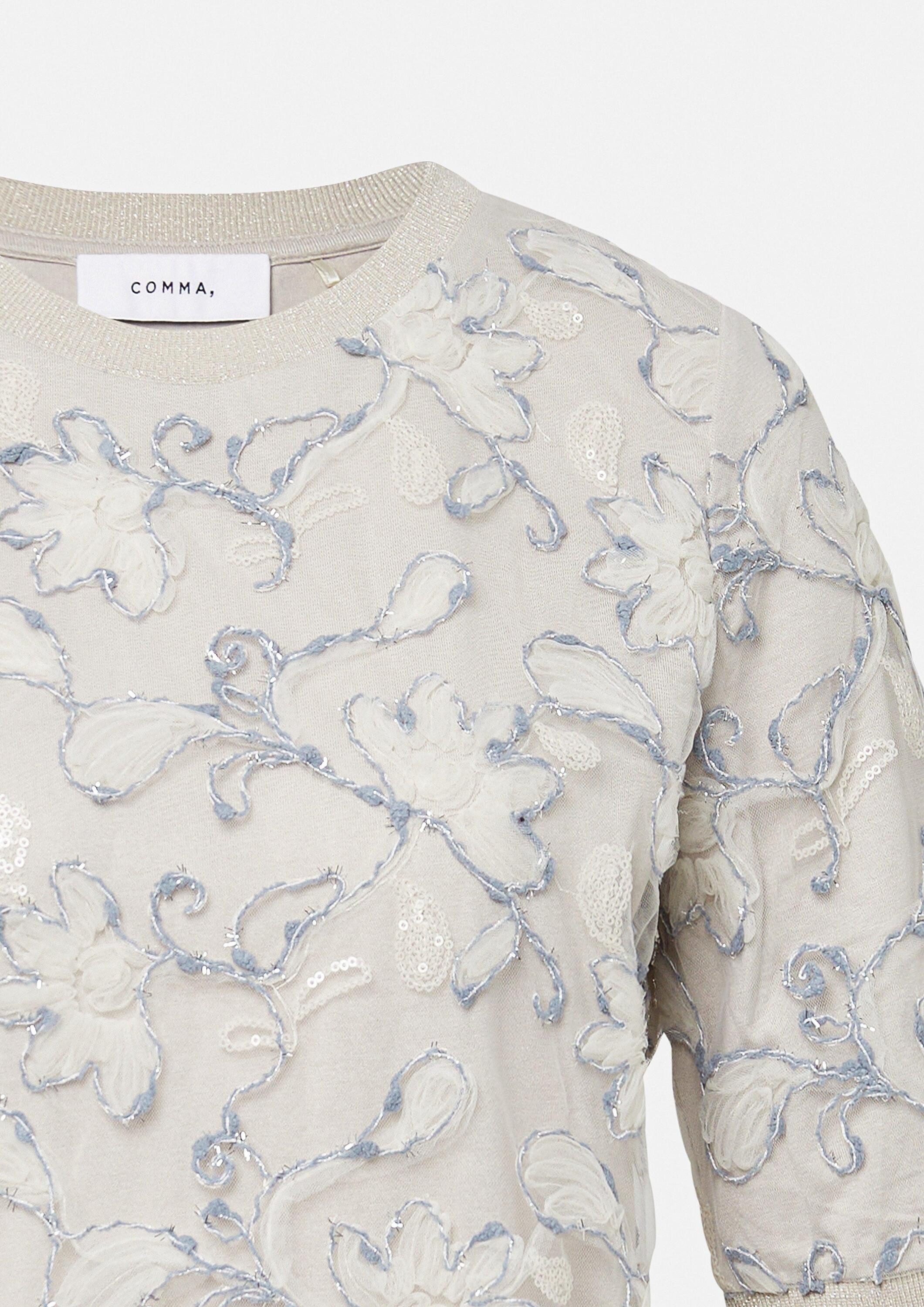 comma Kurzarmbluse Bluse Kurzarmshirt mit Glitzergarn- und Paillettenapplikation