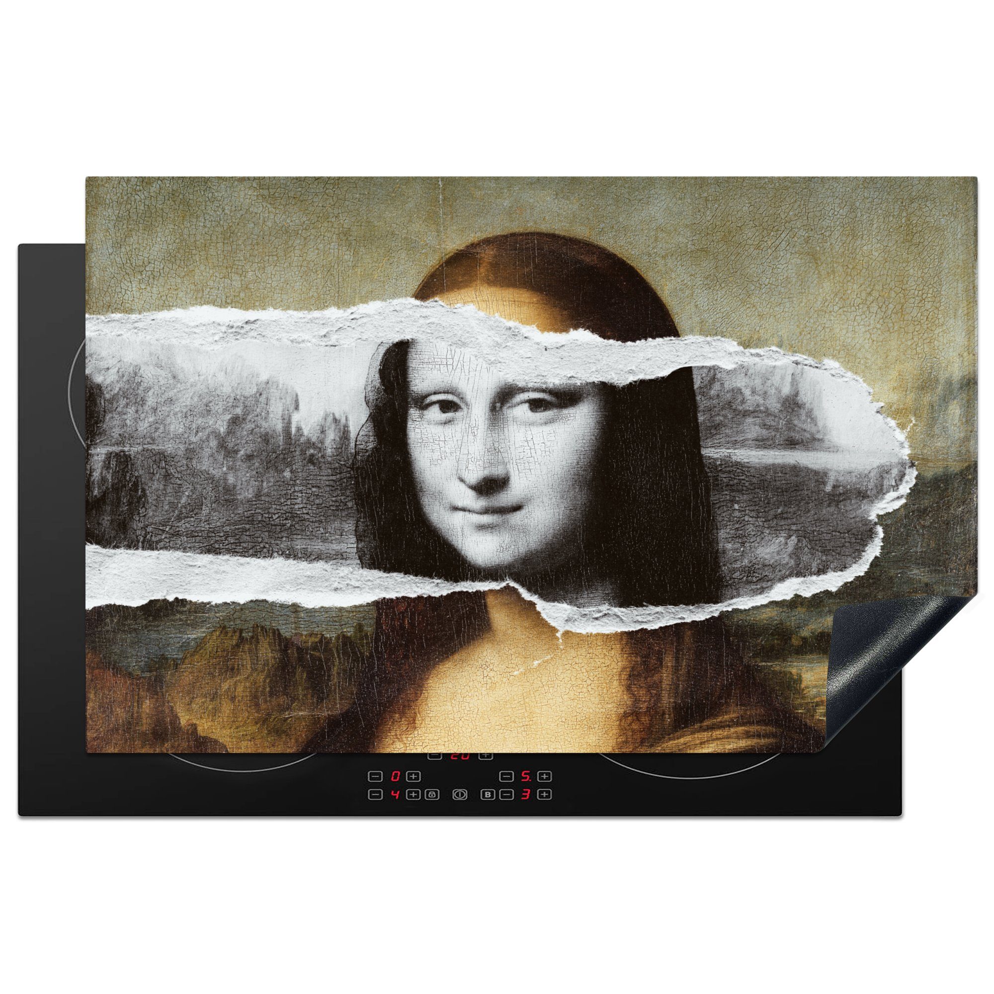 MuchoWow Herdblende-/Abdeckplatte Mona Lisa tlg), - Schwarz cm, für Ceranfeldabdeckung Vinyl, Vinci, 81x52 Induktionskochfeld und (1 weiß - Da küche, die Schutz