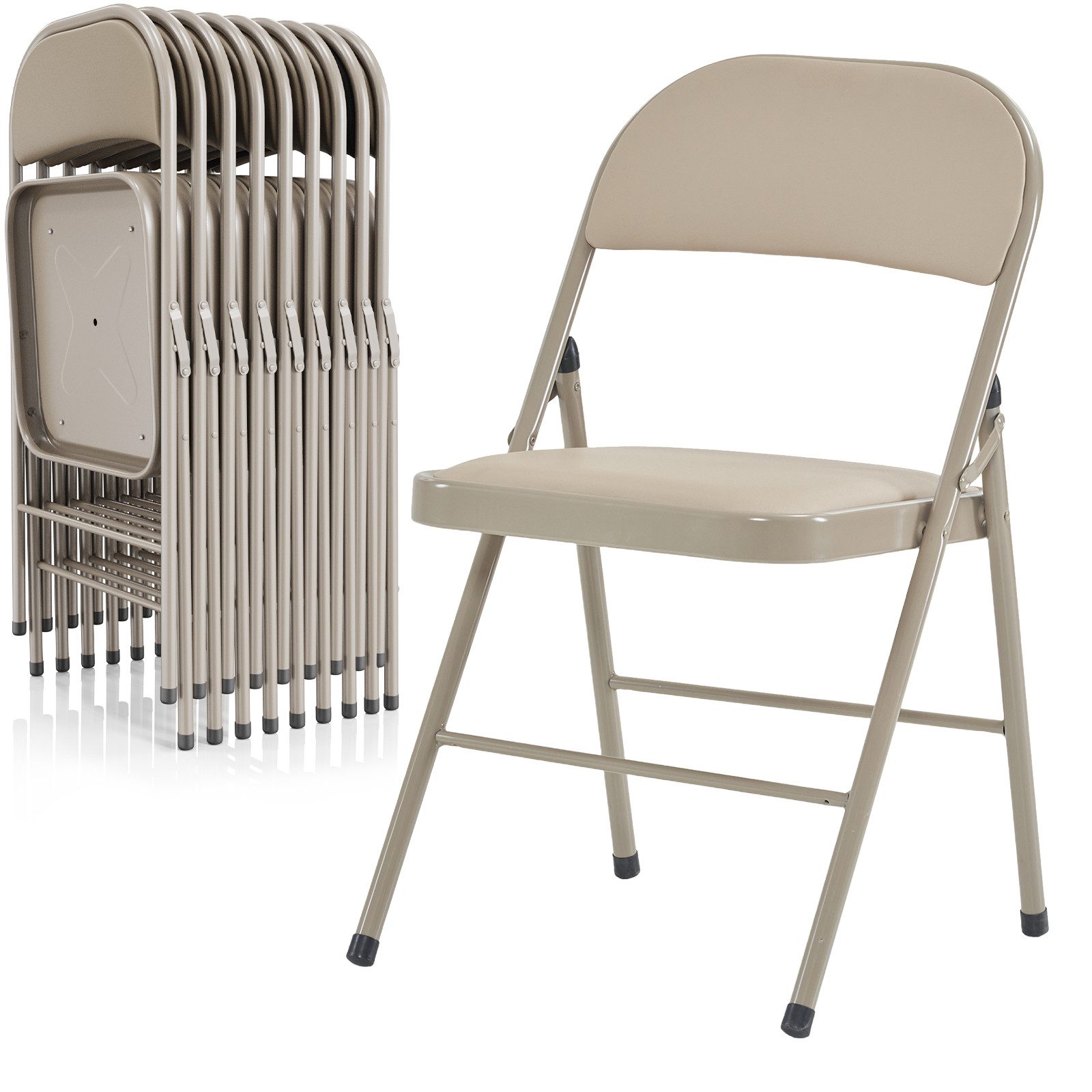 VINGLI Klappstuhl 4er/6er/8er/10er/12er Set aus Stahl & PVC-Kunstleder, Gepolstert (10 St), bis 159 kg, für Veranstaltungen, Messe, Büro & Zuhause, Grau/Hellbraun