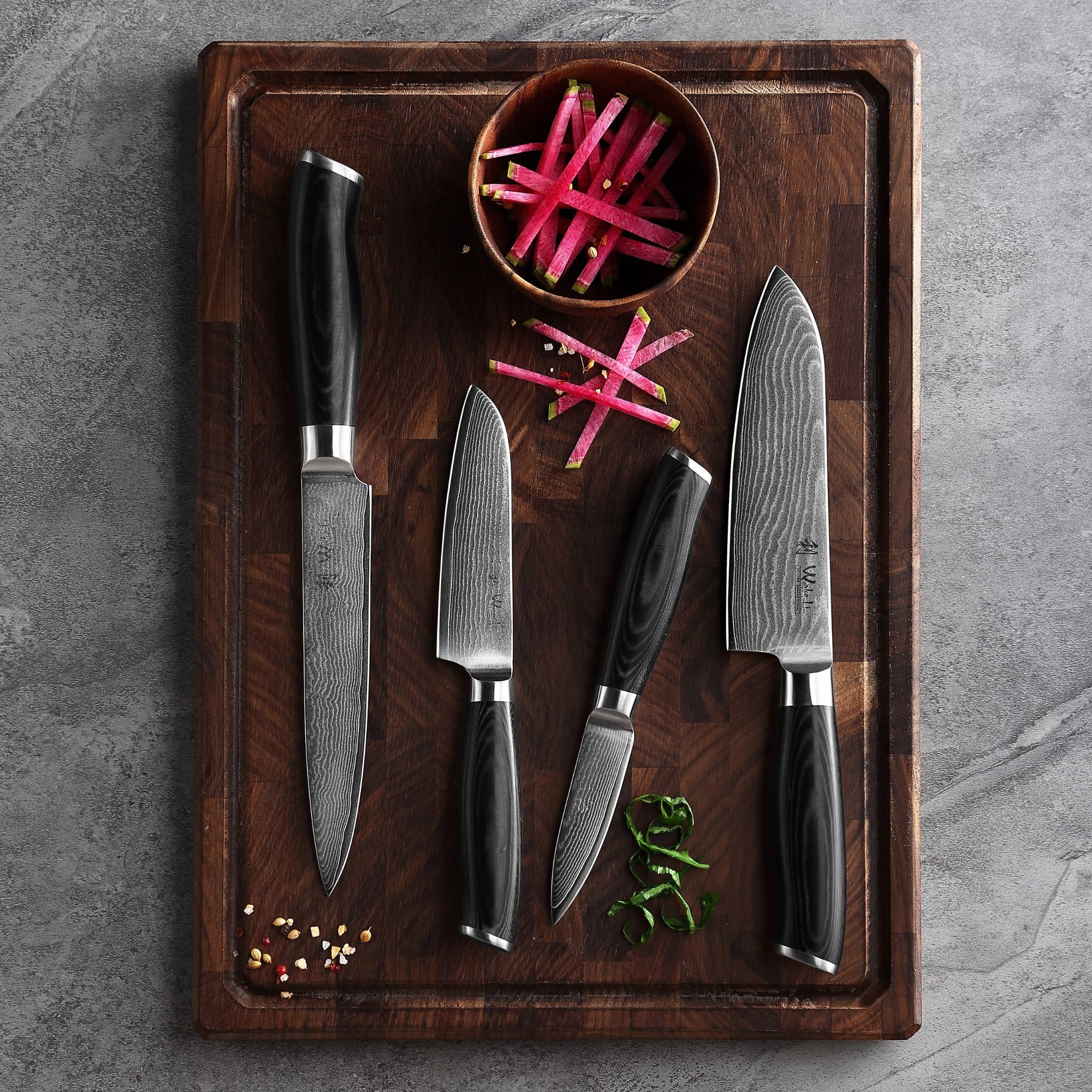 Wakoli Messer-Set Mikata 4er Damast Küchenmesser Set Klingen 8 bis 18 cm (Damastmesser mit Geschenkbox, 4-tlg., 4er Damastmesser Set), VG10 Kern, langanhaltende Schärfe, ergonomischer Griff