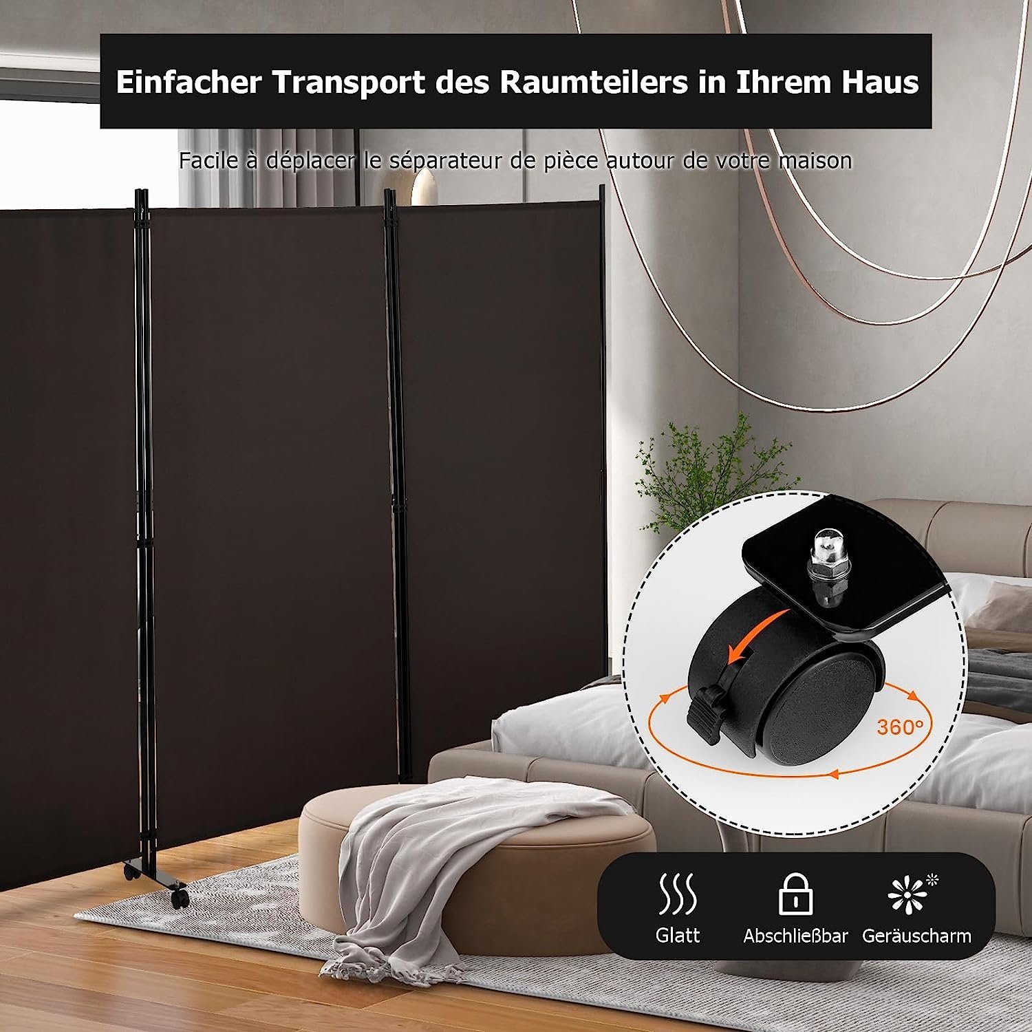 KOMFOTTEU Raumteiler Sichtschutz, 3-teiliger Faltbarer Trennwand mit Rollen