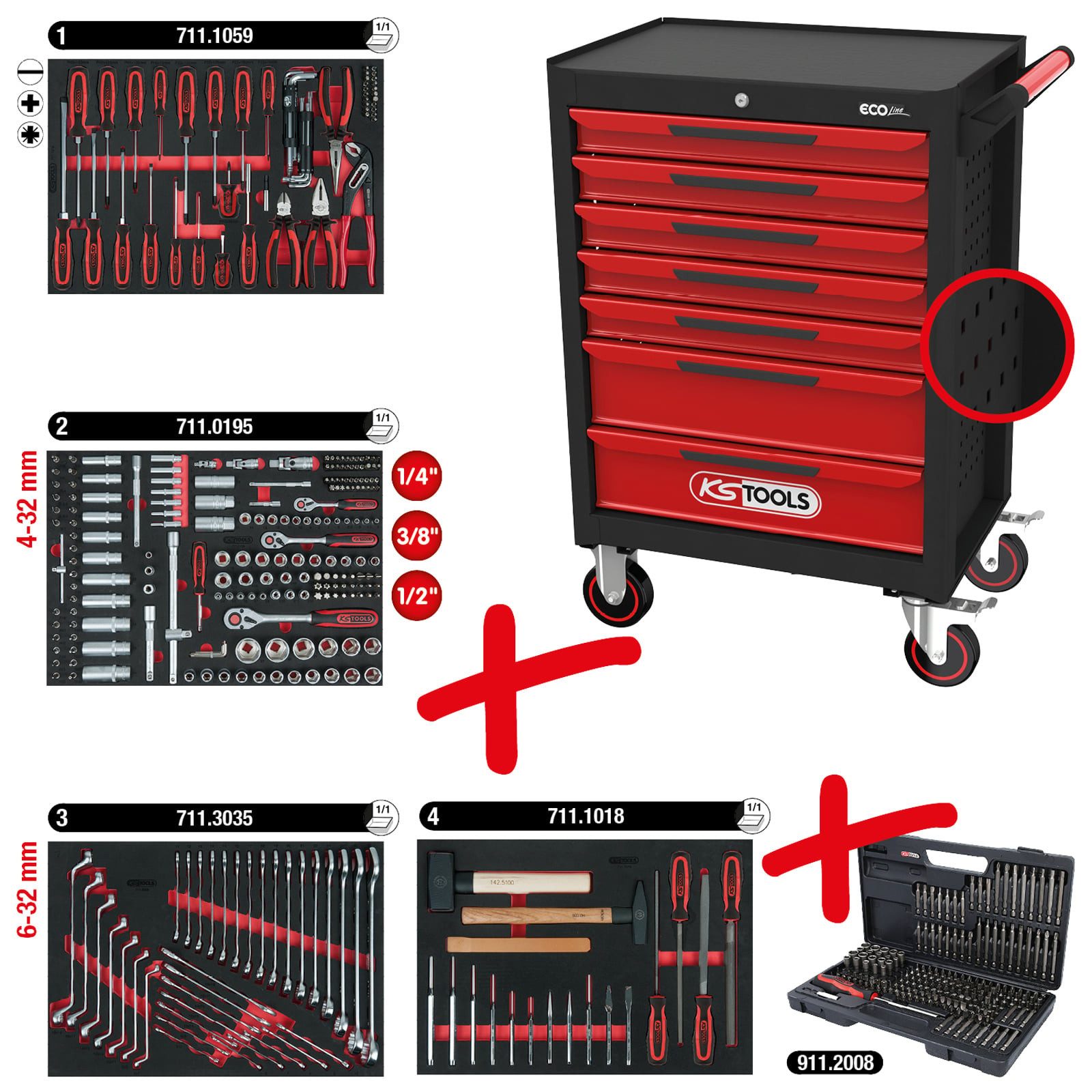 KS Tools Werkstattwagen KS TOOLS ECOline SCHWARZ/ROT Werkstattwagen mit 7 Schubladen und ...