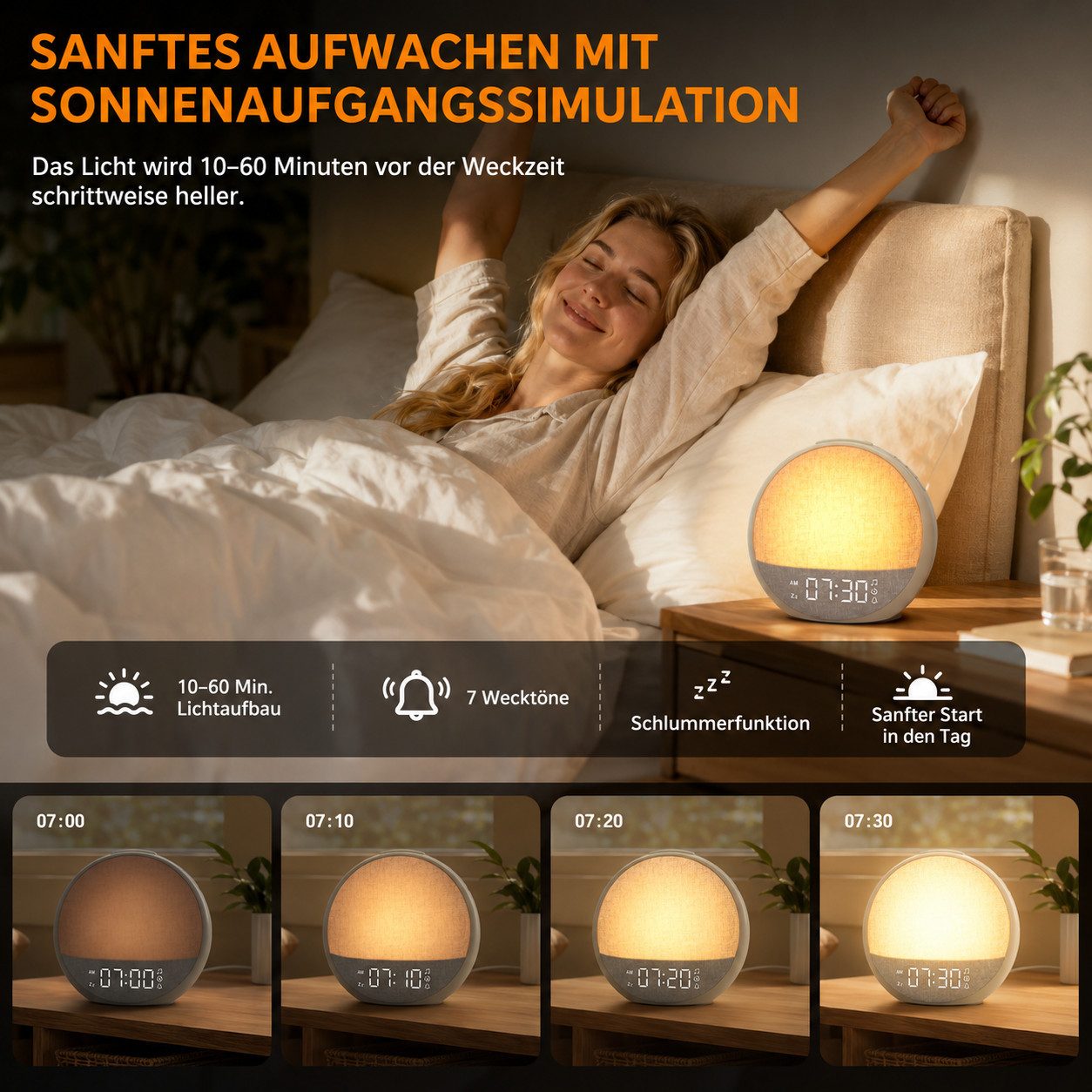 Tekoo Tageslichtwecker Lichtwecker mit Sonnenaufgang & Einschlafhilfe, 30 Klänge Sonnenaufgangssimulation, Einschlafhilfe, Dimmbares Nachtlicht