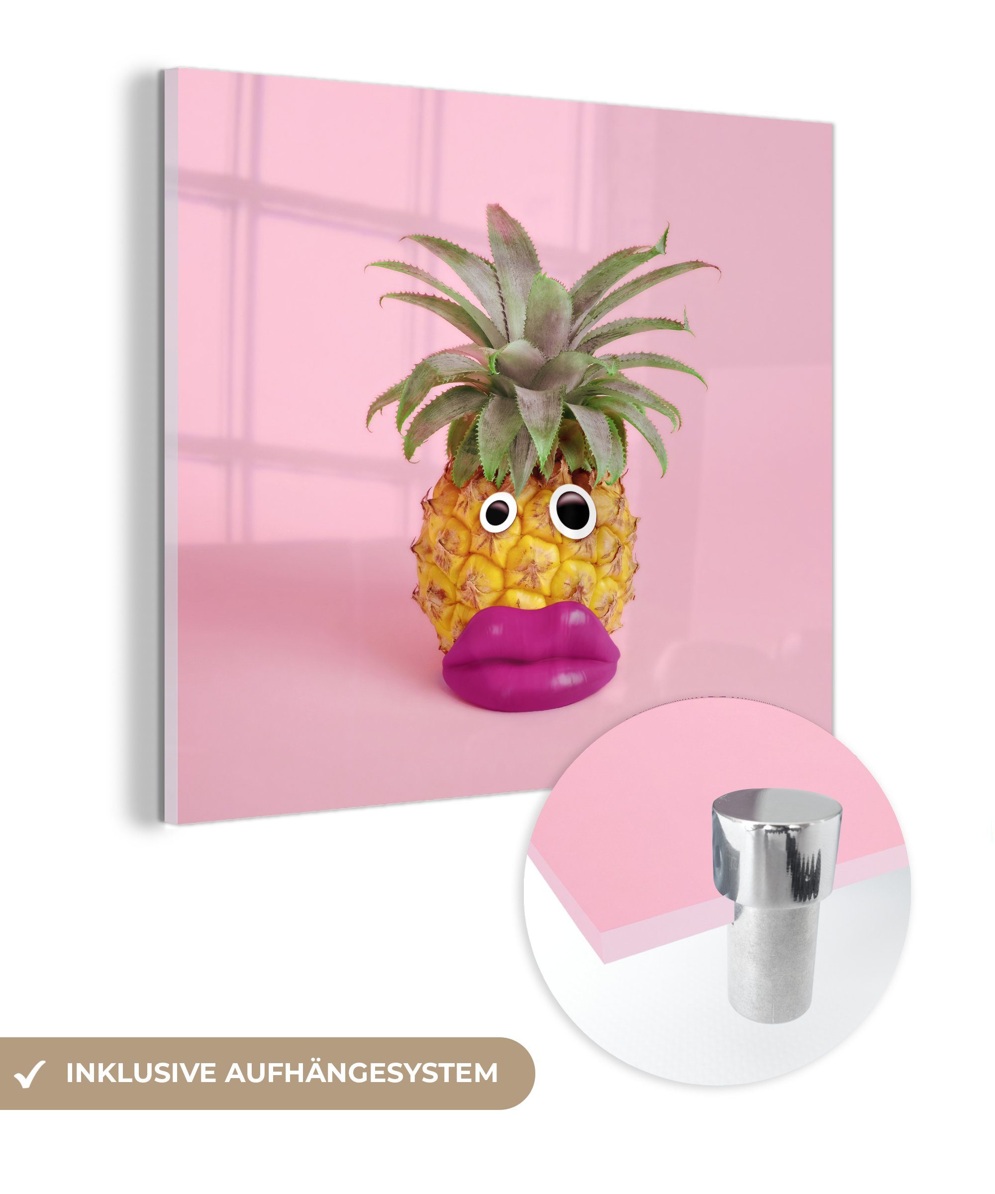 MuchoWow Acrylglasbild Ananas mit Gesicht aus falschen Lippen und Kulleraugen, (1 St), Glasbilder - Bilder auf Glas Wandbild - Foto auf Glas - Wanddekoration