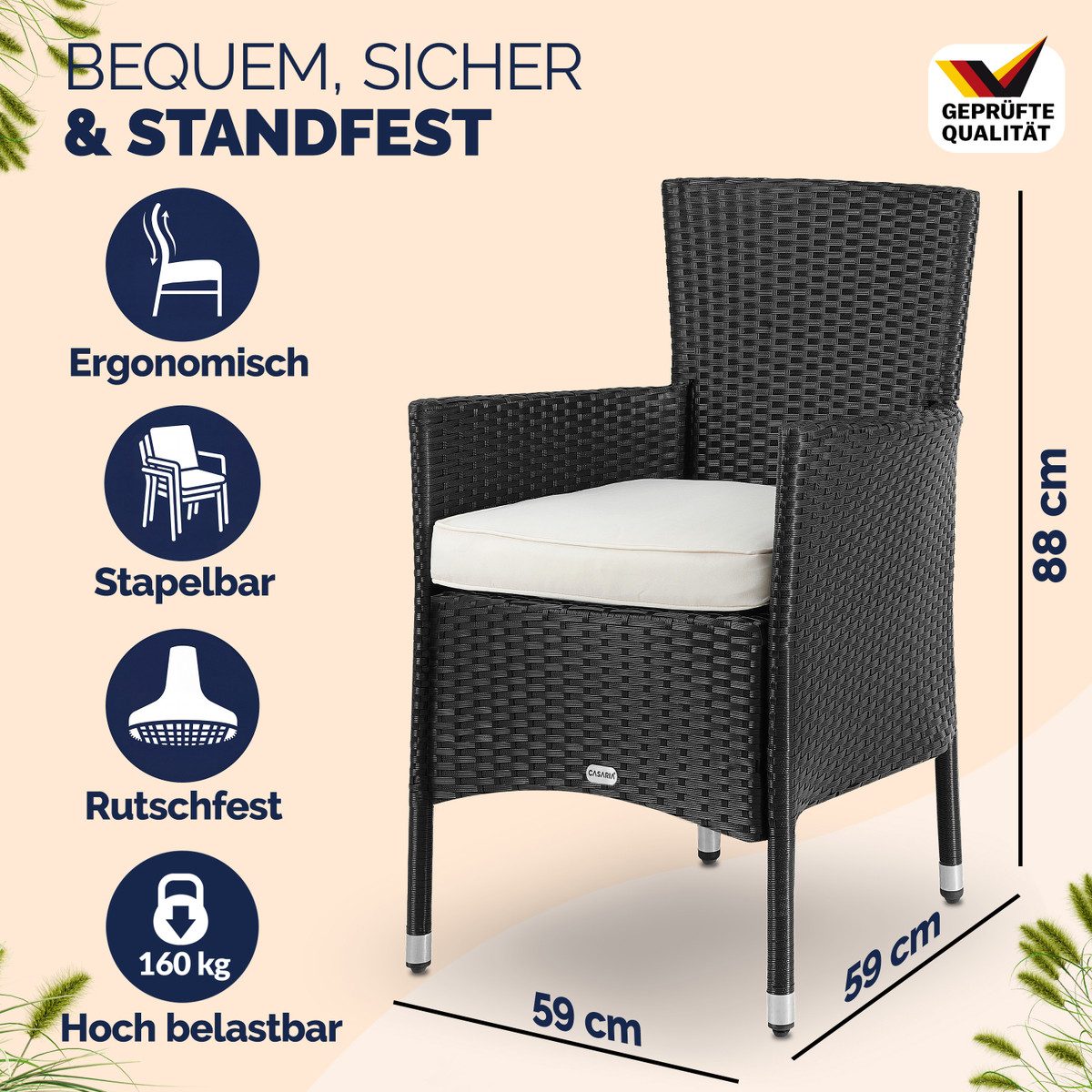 Casaria Gartenstuhl (2 St), Polyrattan 2er Set Stapelbar 7cm Auflagen 160kg Belastbarkeit