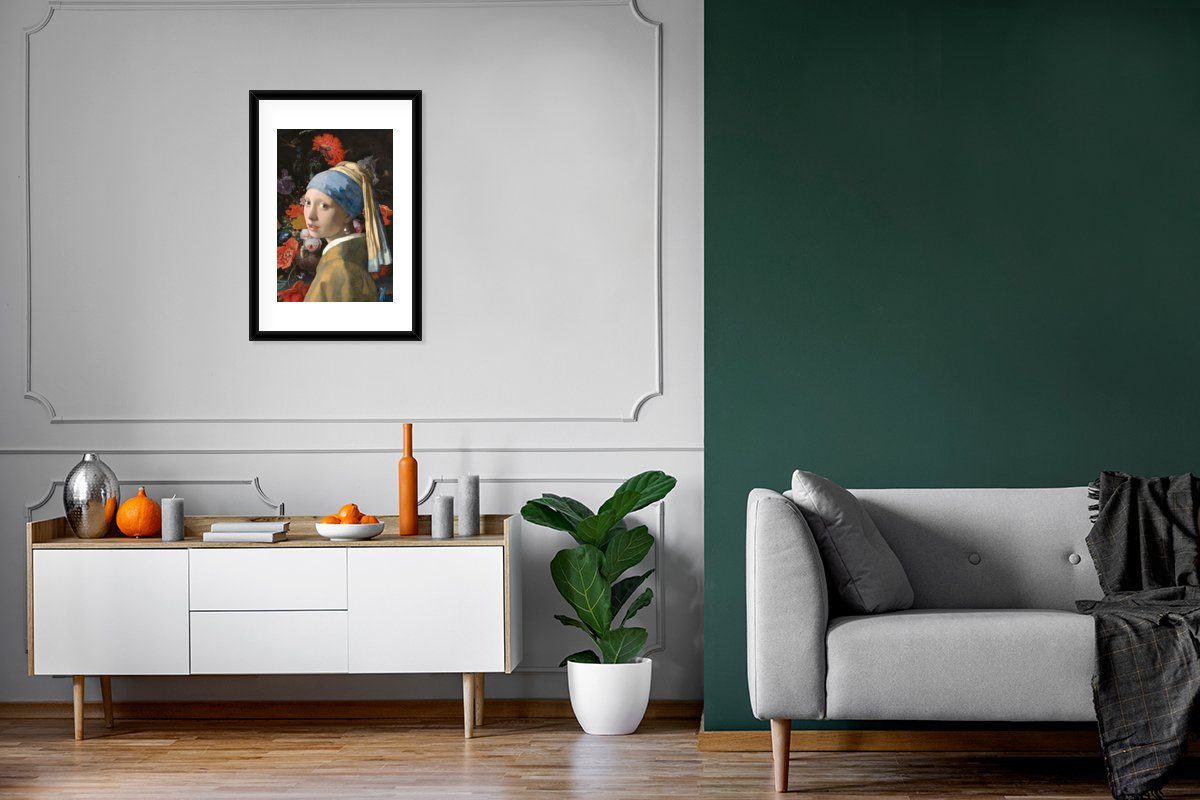 Mädchen St), Rahmen, mit Poster Das Gerahmtes Bilderrahmen Schwarzem dem (1 Johannes Vermeer mit Blumen, MuchoWow Perlenohrring - Kunstdruck, Poster, -