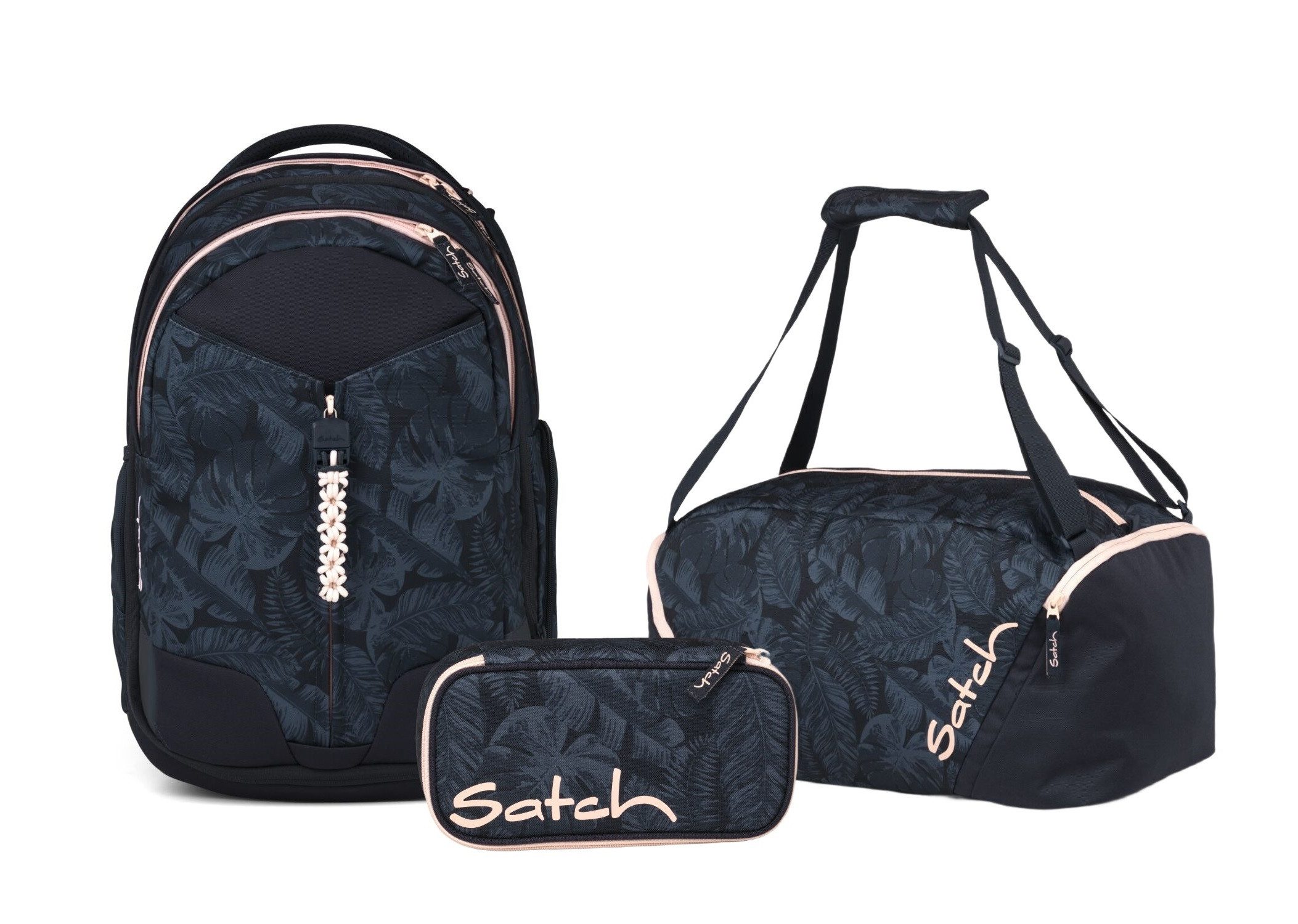 Satch Schulranzen Schulrucksack-Set MATCH Midnight Jungle 3-teilig (3-teilig), Schulranzen, ergonomisch, 30 + 5 Liter, 4 Fächer