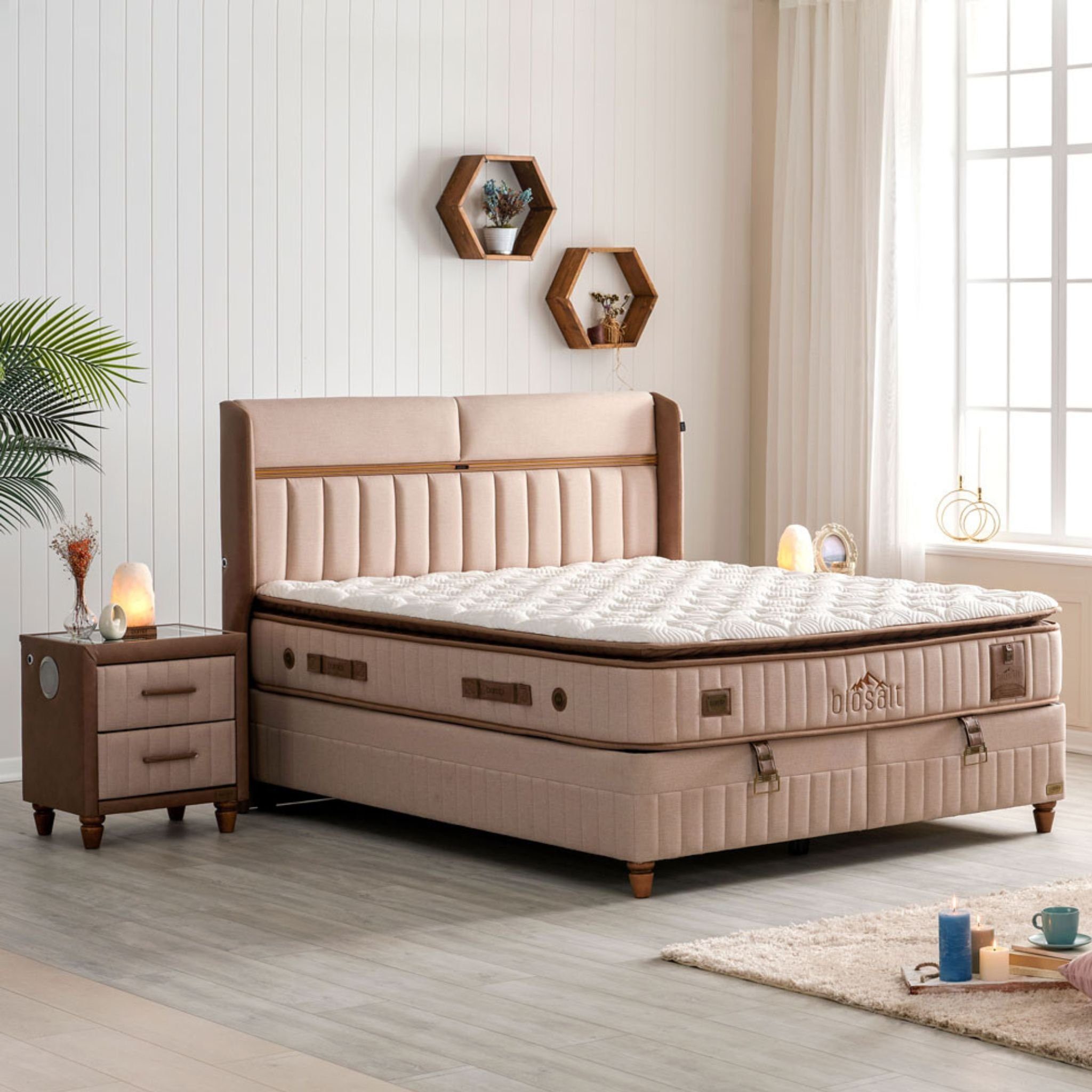 Bambi Boxspringbett mit Matratze Kopfteil Boxspringbett 180x200 - 90x200 Biosalt LED (Boxspringbett SET), LED und USB