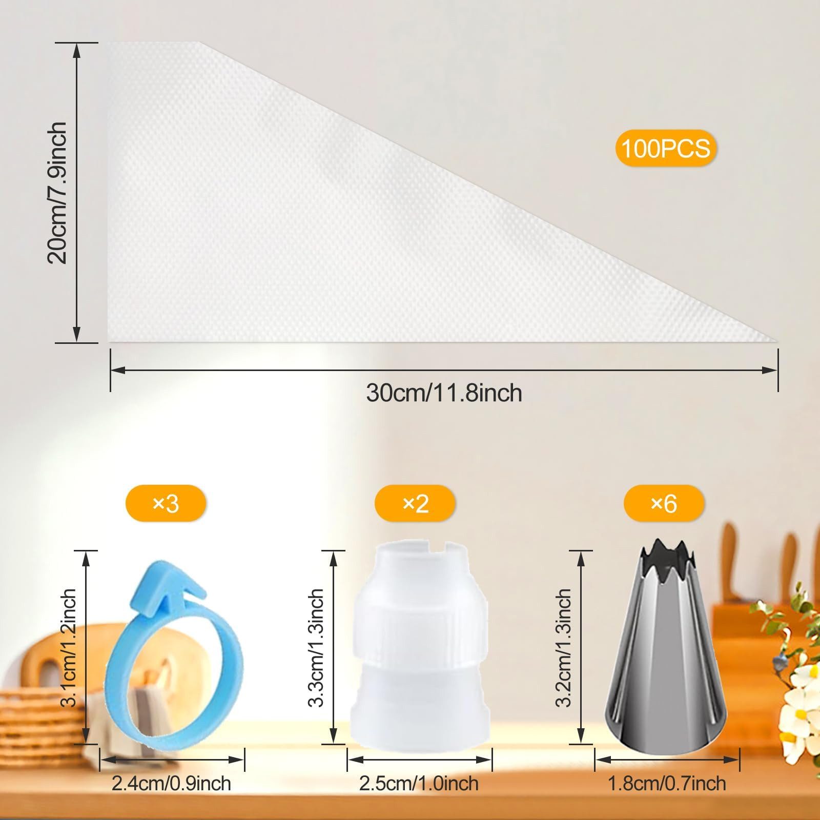 FOUORTUNATE-BEE Spritzbeutel 100 Spritzbeutel Set mit 6 Tüllen 2 Adapter Backzubehör Kuchen Back Spritzbeutel Set 100 Stück mit Tüllen für Kuchen Deko