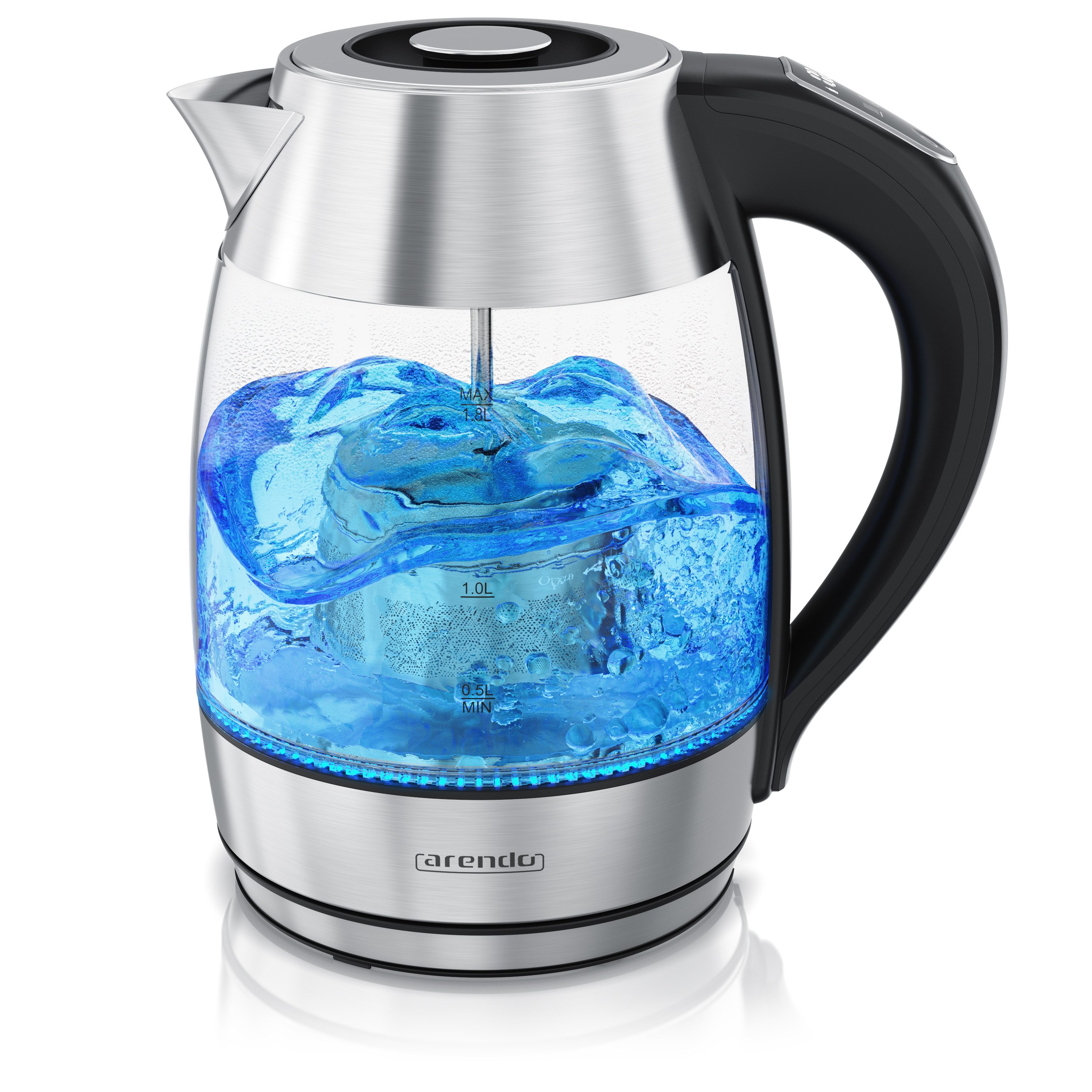 Arendo Wasserkocher Teekocher aus Glas & Edelstahl mit Temperatureinstellung & Teesieb, 1,8 l, 2200 W, Temperaturwahl 40 °C – 100 °C, Warmhaltefunktion, Überhitzungsschutz