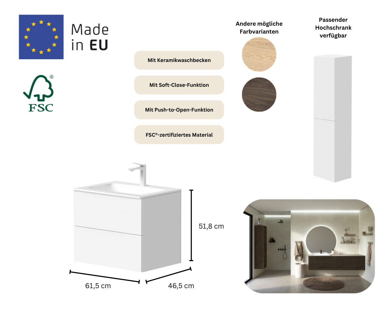 welltime Waschtisch Gama, inklusive Waschbecken, mit Push-to-Open-Funktion, FSC® zertifiziert