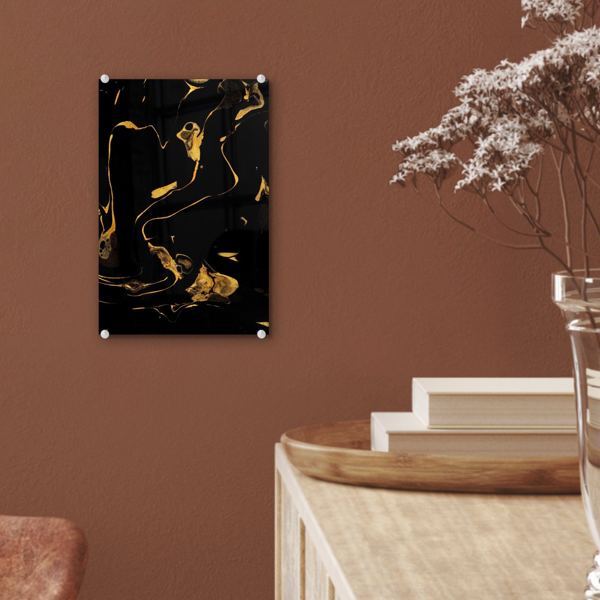 MuchoWow Acrylglasbild Muster Wanddekoration Wandbild - auf - Foto auf (1 St), Glas Glas Schwarz, - Gold Bilder - Glasbilder 