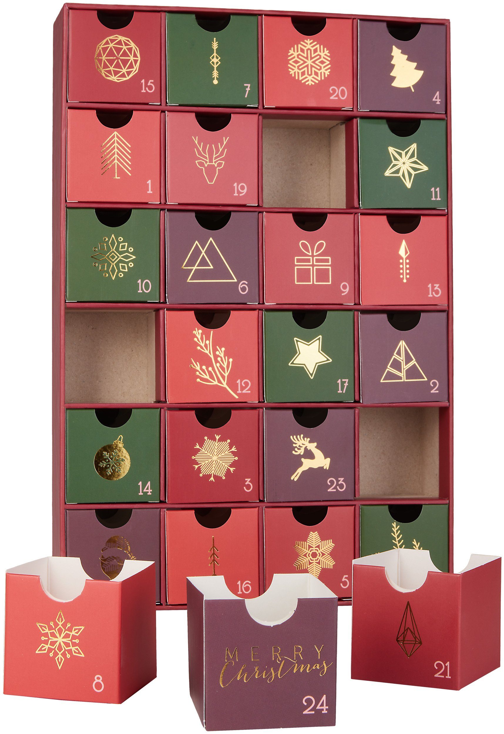 BRUBAKER befüllbarer Adventskalender DIY Weihnachtskalender mit 24 Türchen zum Befüllen - Rot Grün Gold (Traditionelles Weihnachten, 1-tlg), Kalender für Gutscheine Süßigkeiten 32,5 cm Pappe