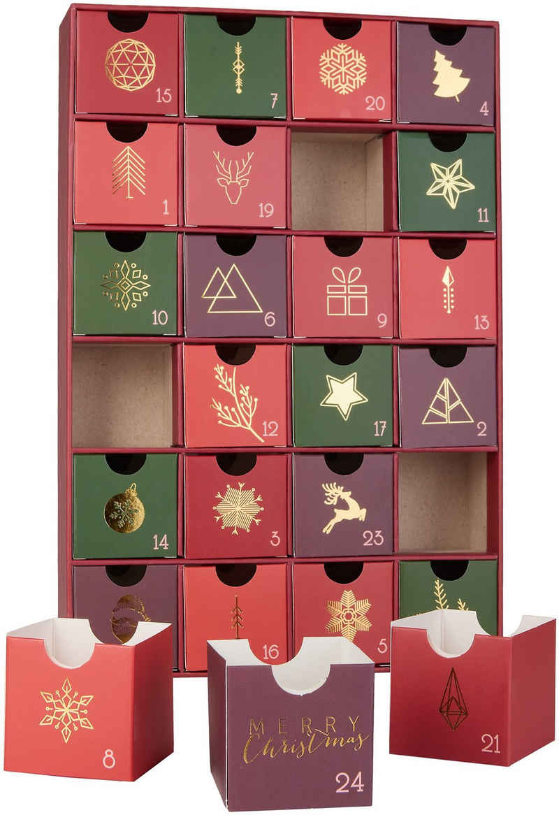 BRUBAKER befüllbarer Календари DIY Weihnachtskalender mit 24 Türchen zum Befüllen - Rot Grün Gold (Traditionelles Weihnachten, 1-tlg), Kalender für Gutscheine Süßigkeiten 32,5 cm Pappe