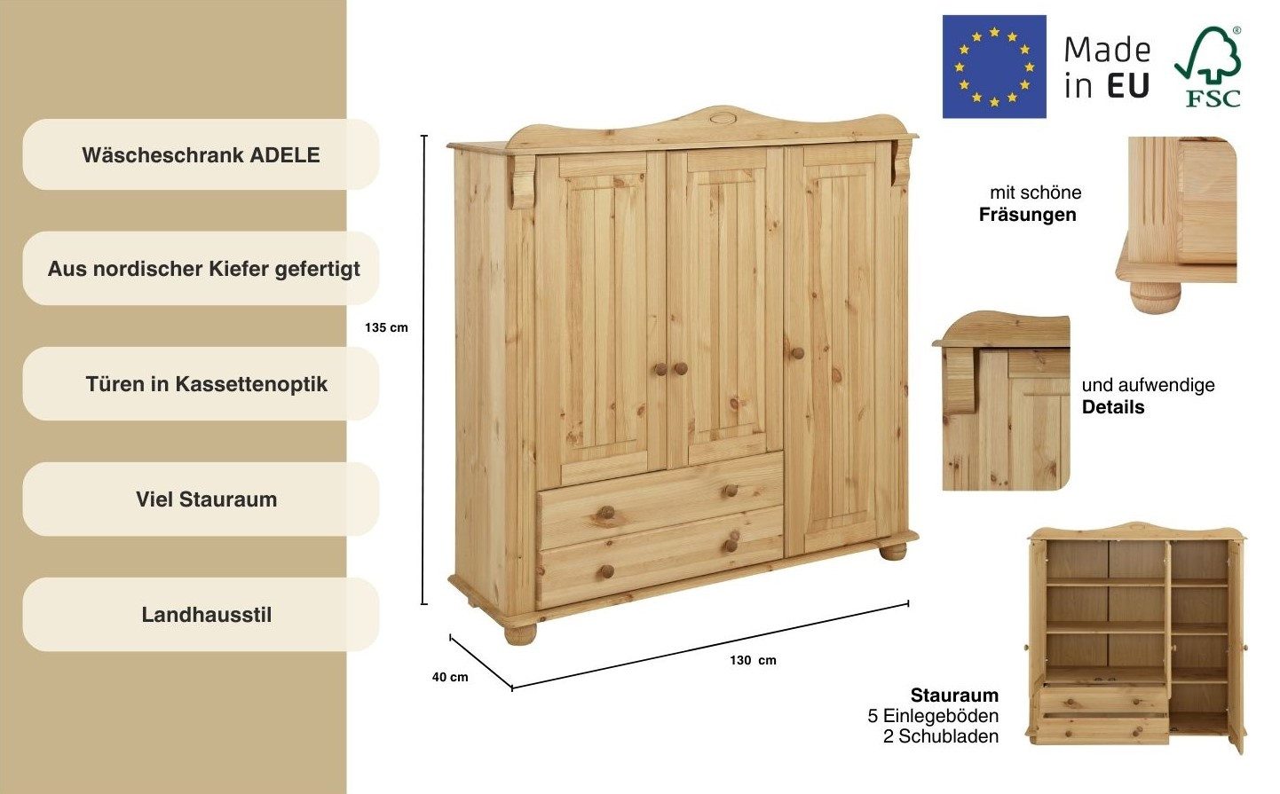 OTTO home Wäscheschrank Adele, Mehrzweckschrank (2 Breiten: 93/130 cm H/T ca. 135/40 cm) aus massiver Kiefer, 2-oder 3-türig