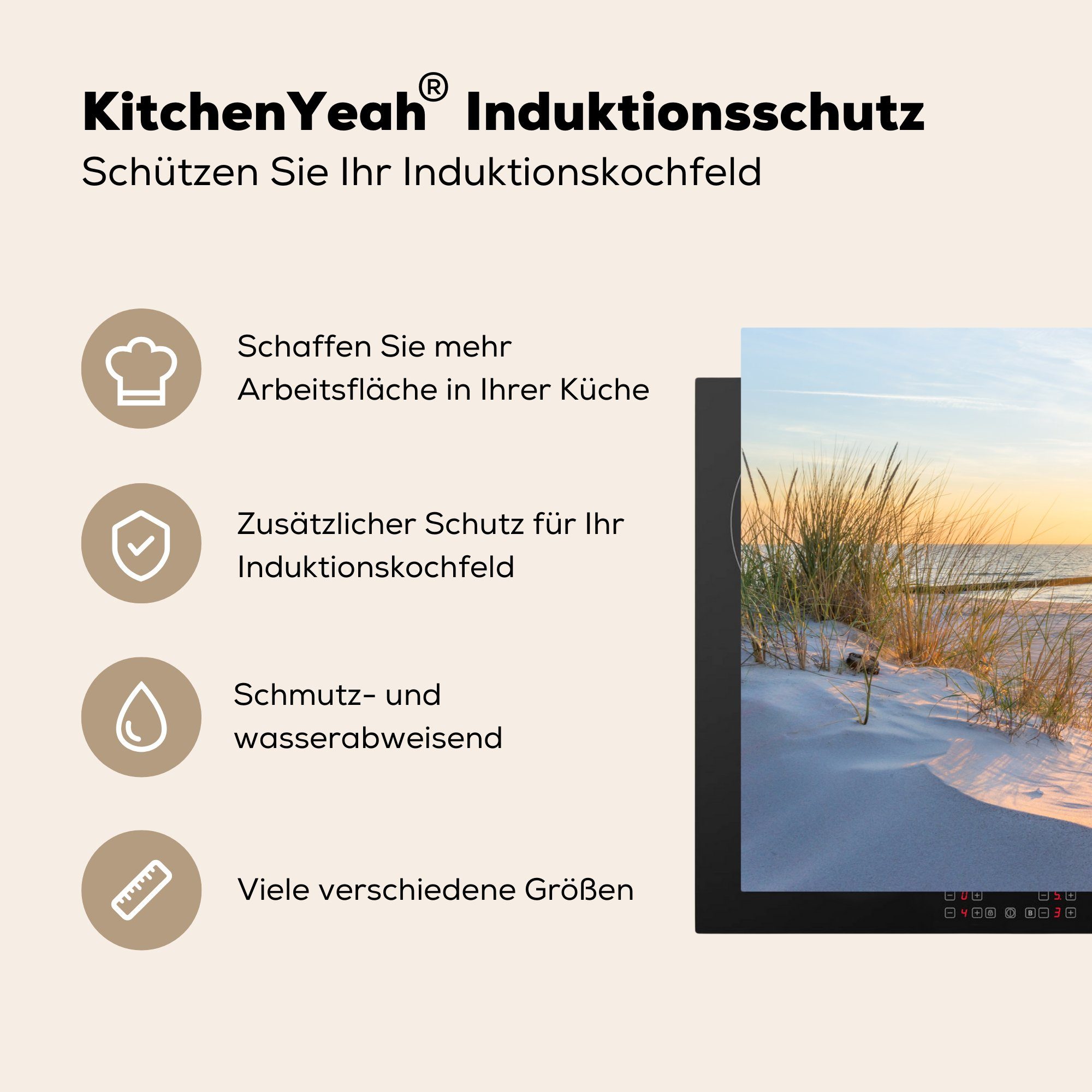 Sonne - tlg), Gras Düne MuchoWow - - Strand Vinyl, die cm, Horizont, Herdblende-/Abdeckplatte Induktionskochfeld - küche, (1 81x52 - für Ceranfeldabdeckung Schutz Sand