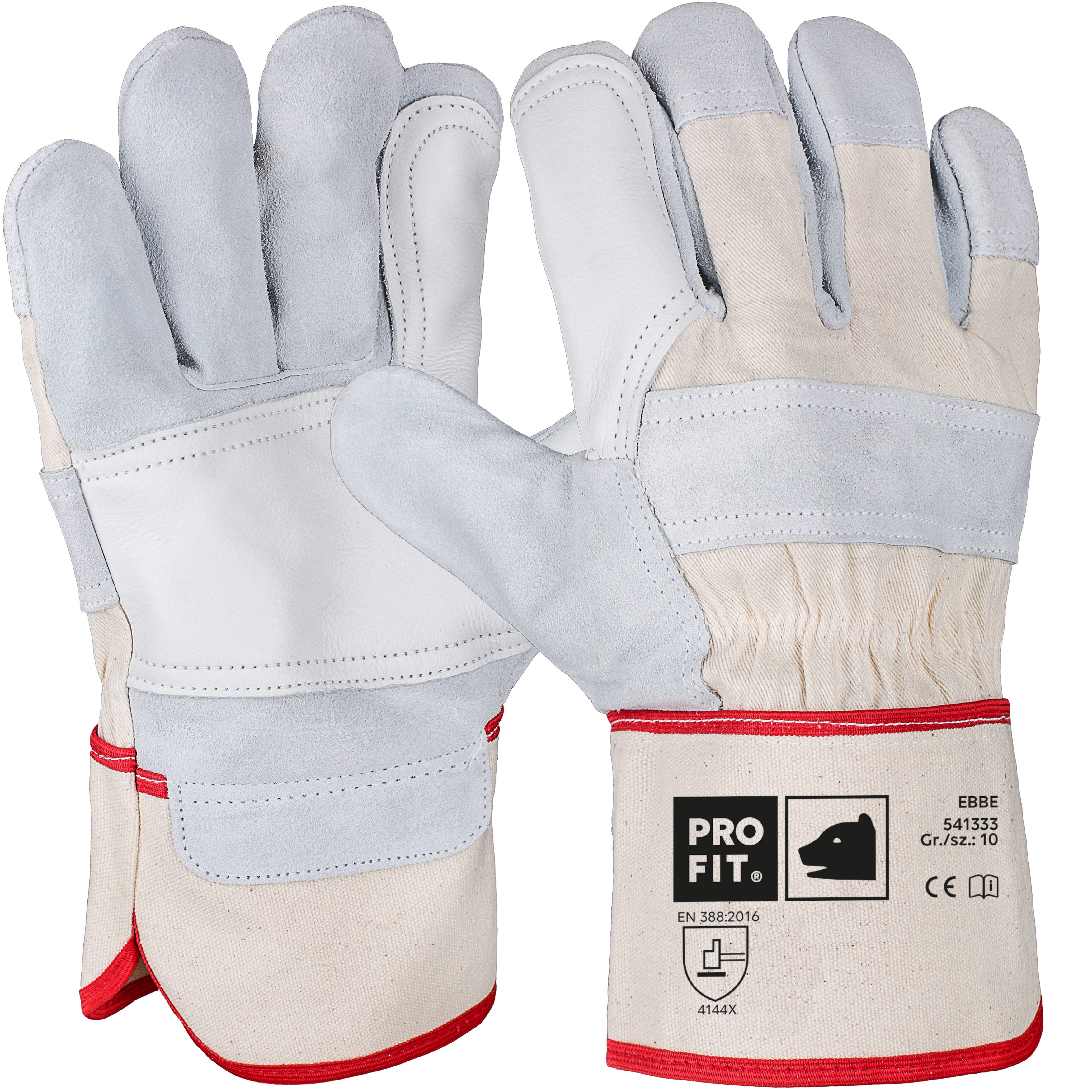 PRO FIT Leder-Arbeitshandschuhe Ebbe, Arbeitshandschuhe aus Leder, Sicherheitshandschuhe (12, Paar) mit Canvas Stulpe, Rindspaltleder, EN 388